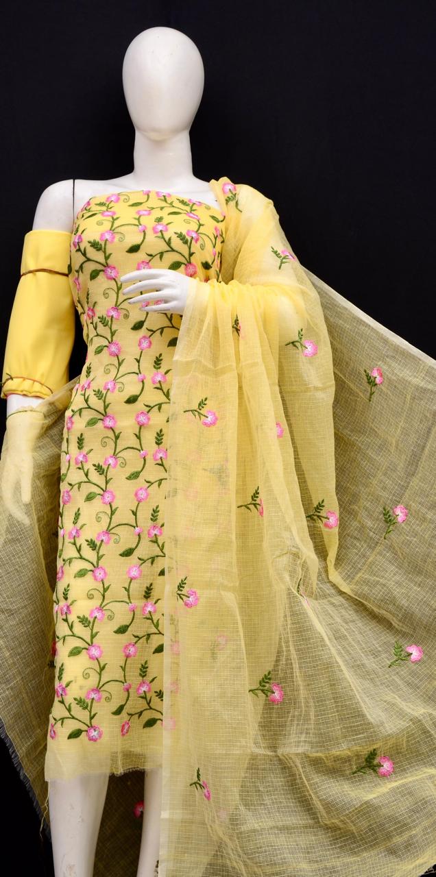 Kota Doria Embroidered Suit Set In Yellow