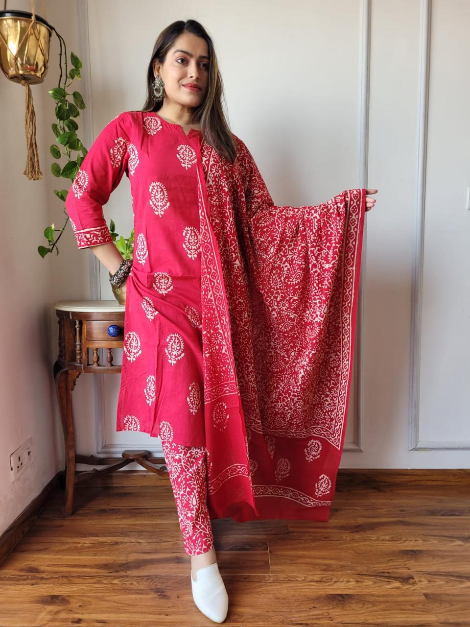 Red Block Print Suit Set With Dupatta