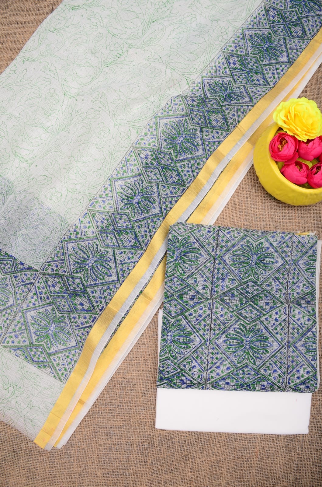 Summer Look Kota Doria Hand Block Print Suit In Off White (unstitched)