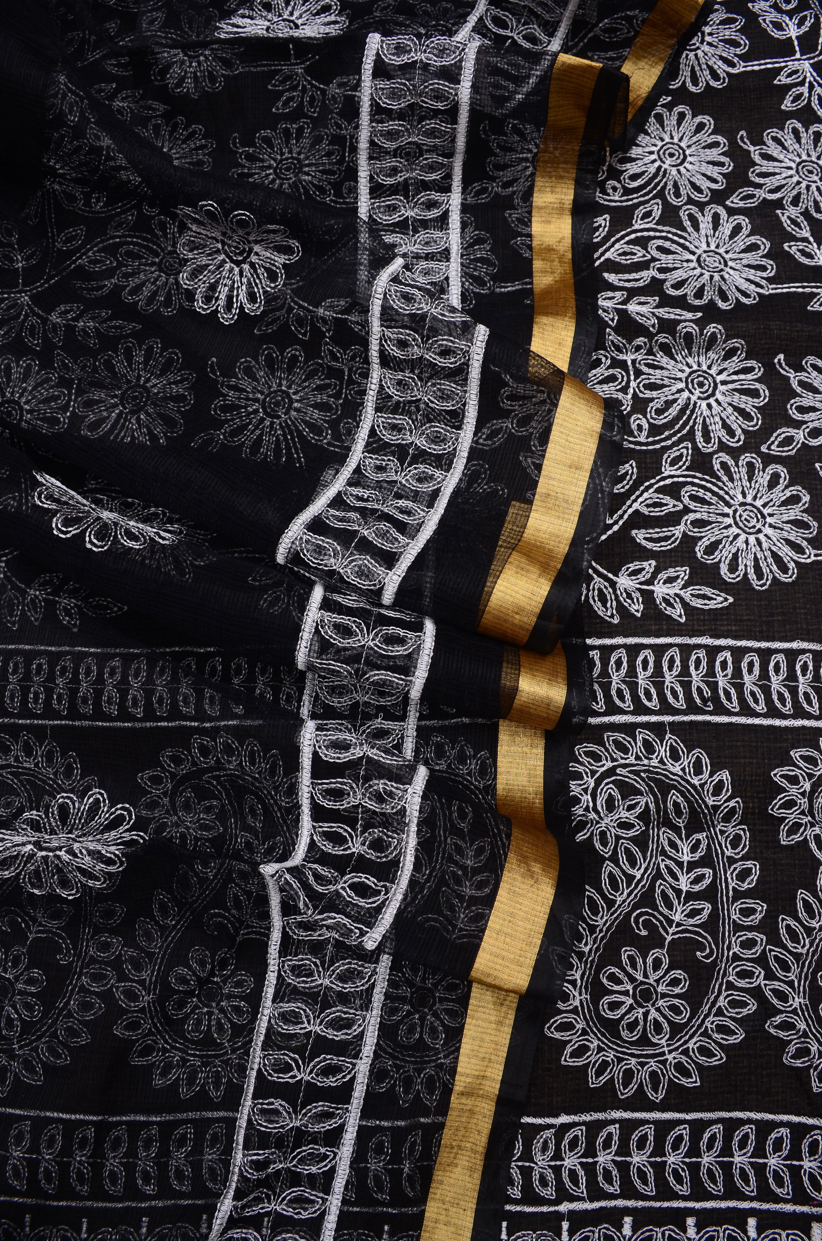 Black Embroided Cotton Kota Doria Suit Fabric With Dupatta