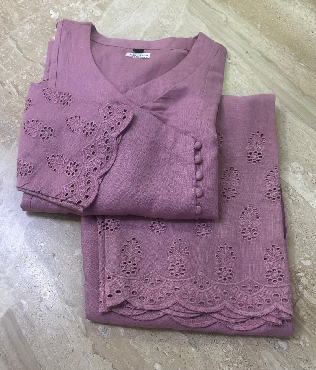 Mauve Pink Coord Set With Chikankari Cutwork Cotton