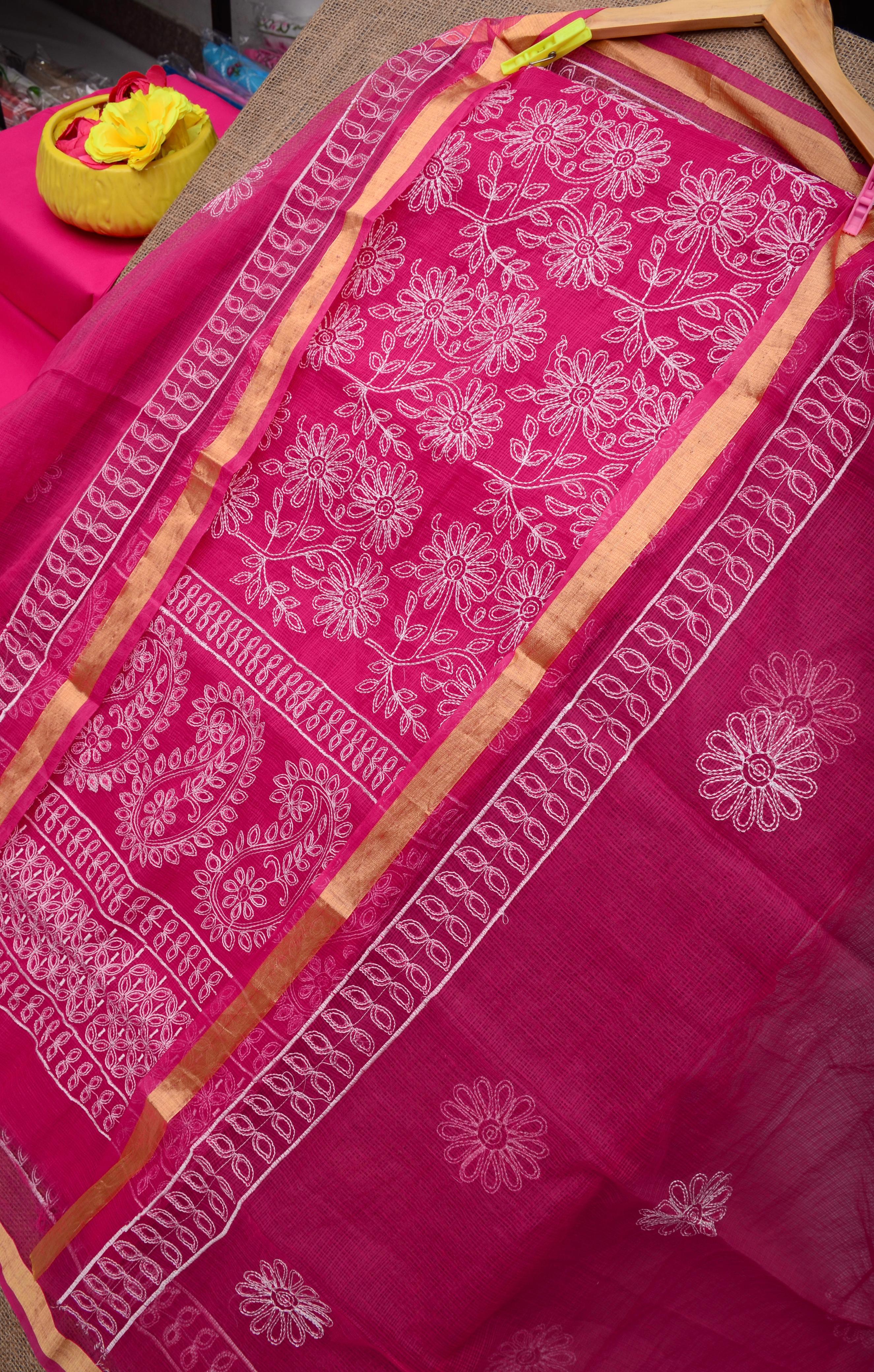 Red Embroided Cotton Kota Doria Suit Fabric With Dupatta