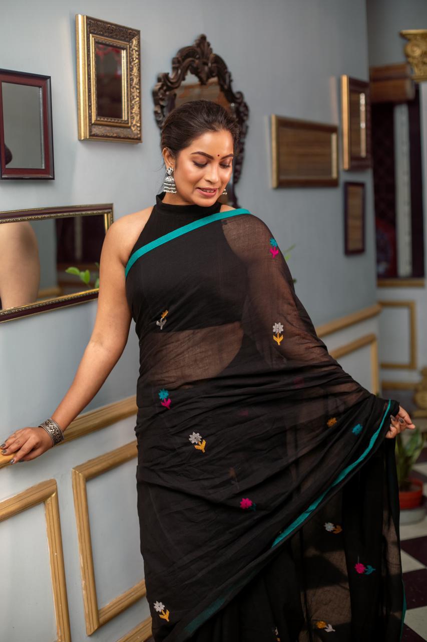 Black Premium Mulmul Cotton Hand Crafted Saree