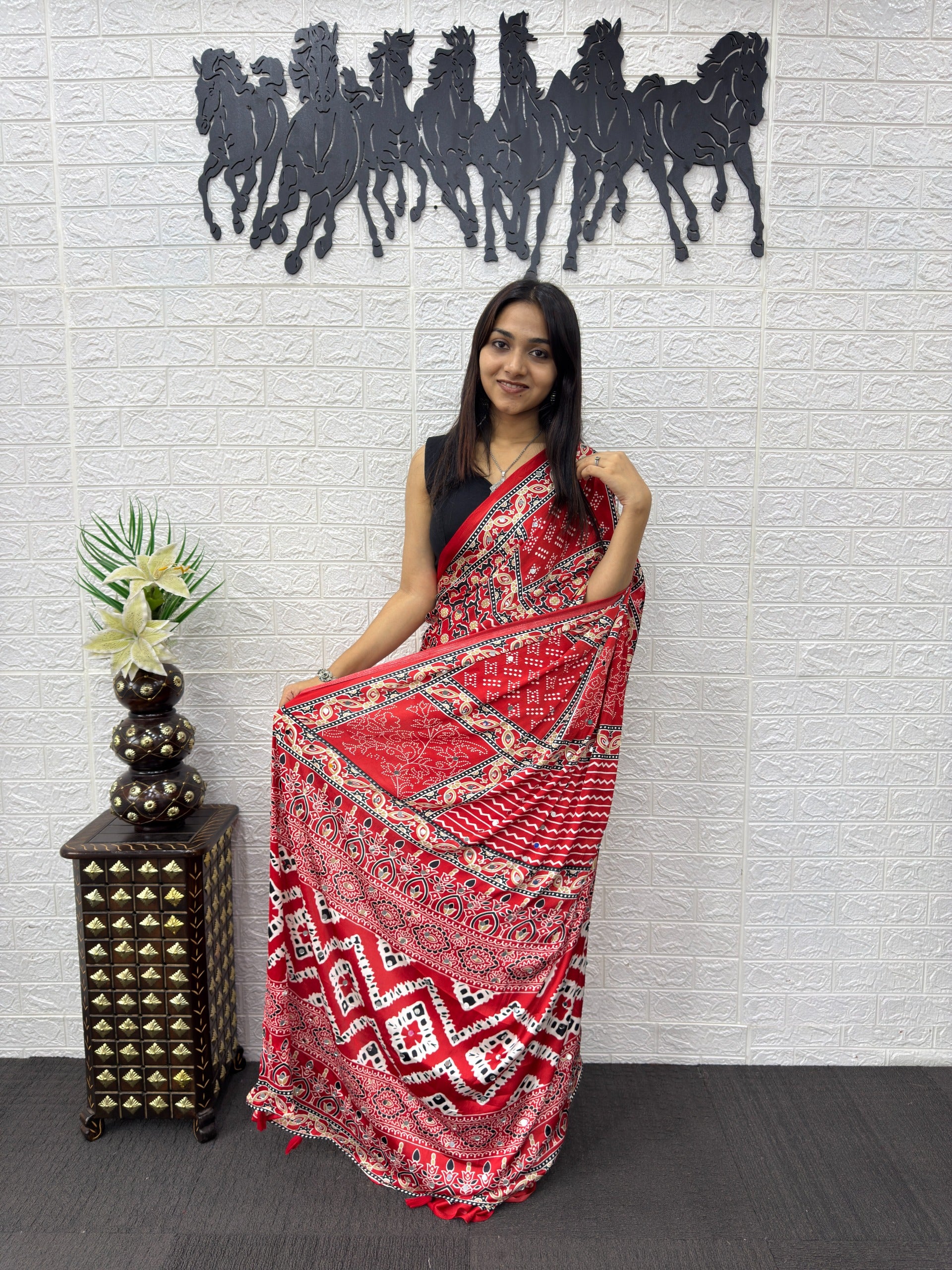 Red Ajrakh Print Mirror Work Satin Silk Saree