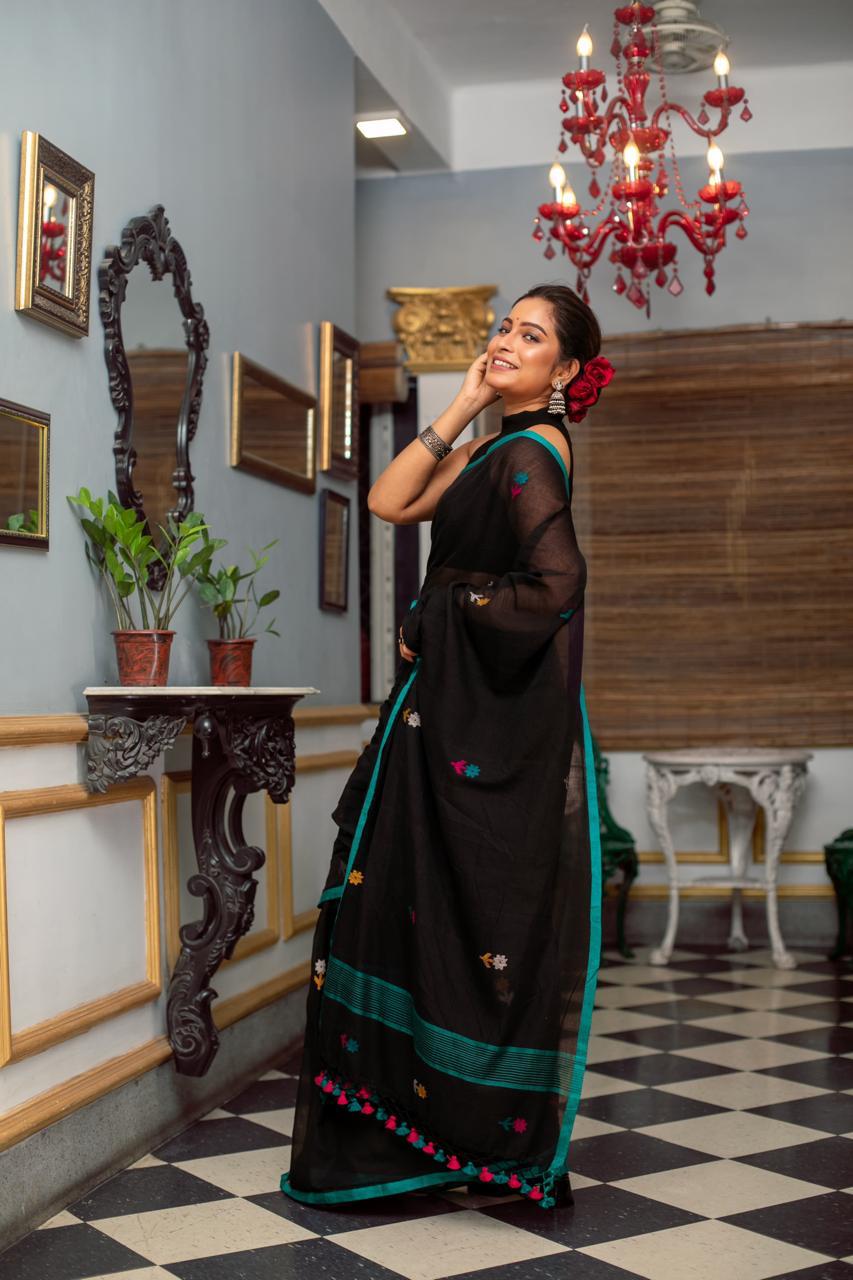 Black Premium Mulmul Cotton Hand Crafted Saree