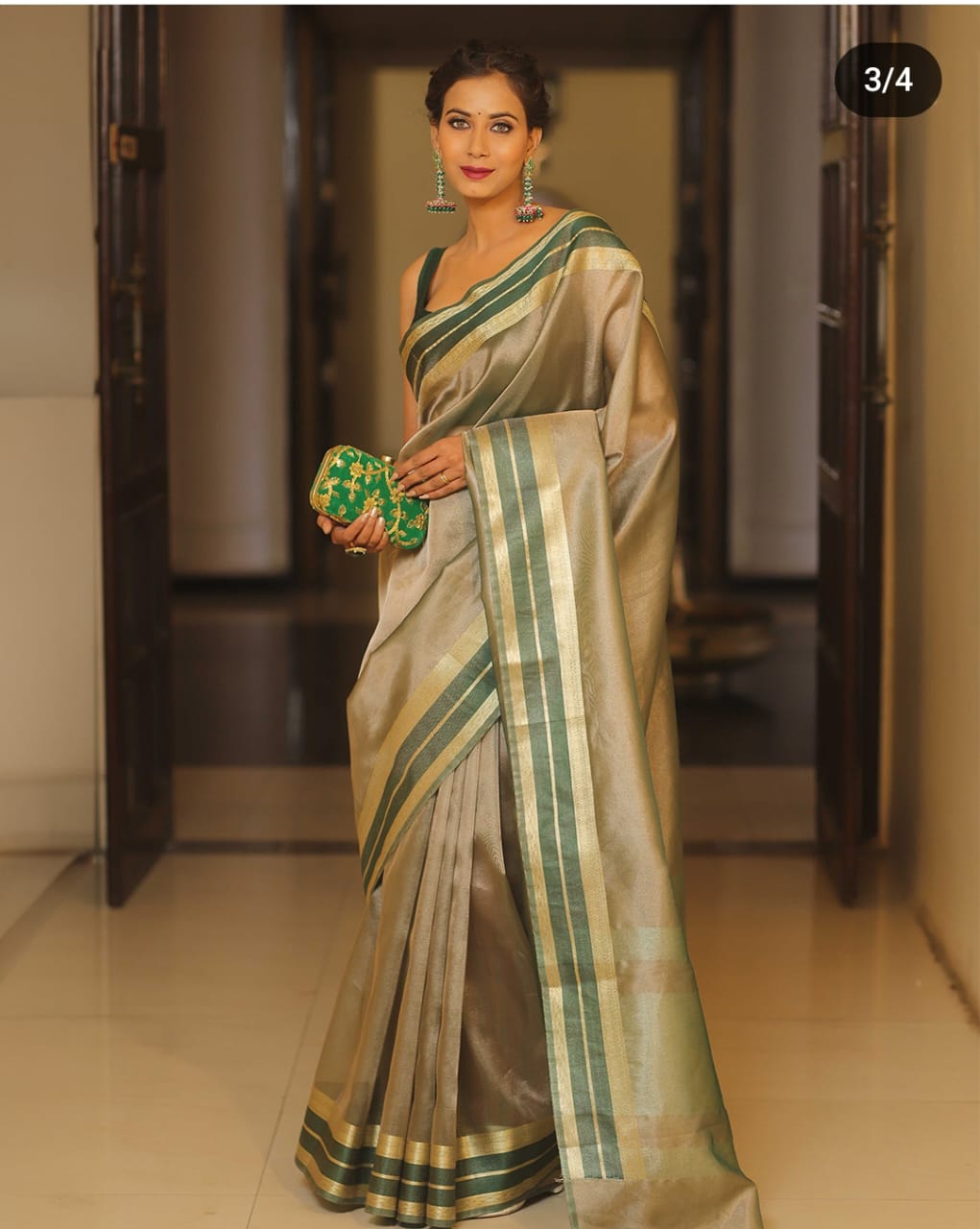 Green Shimmer Banarasi Handloom Tissue Zari Border Silk Saree