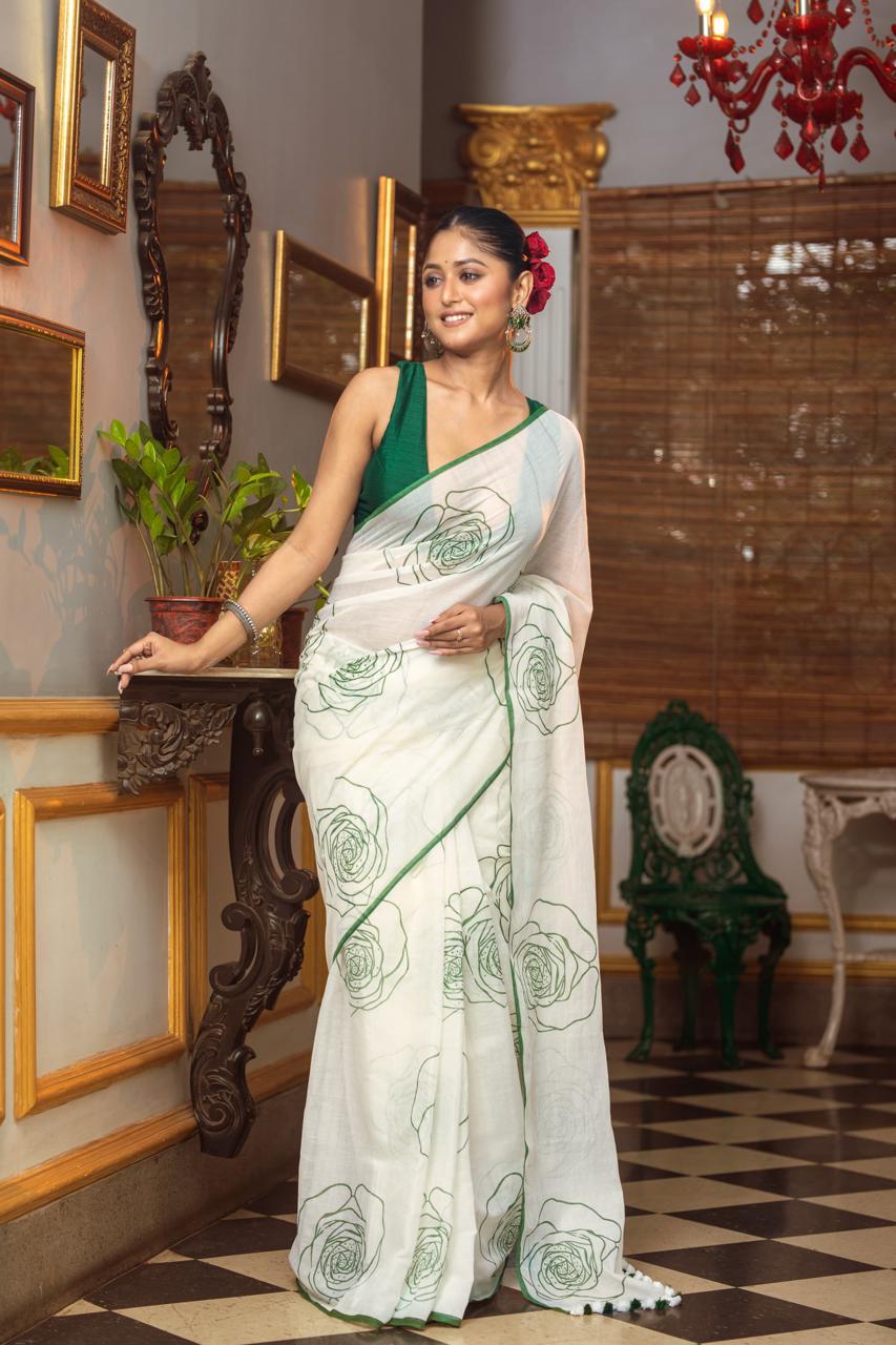 White & Green Premium Mulmul Cotton Hand Crafted Saree