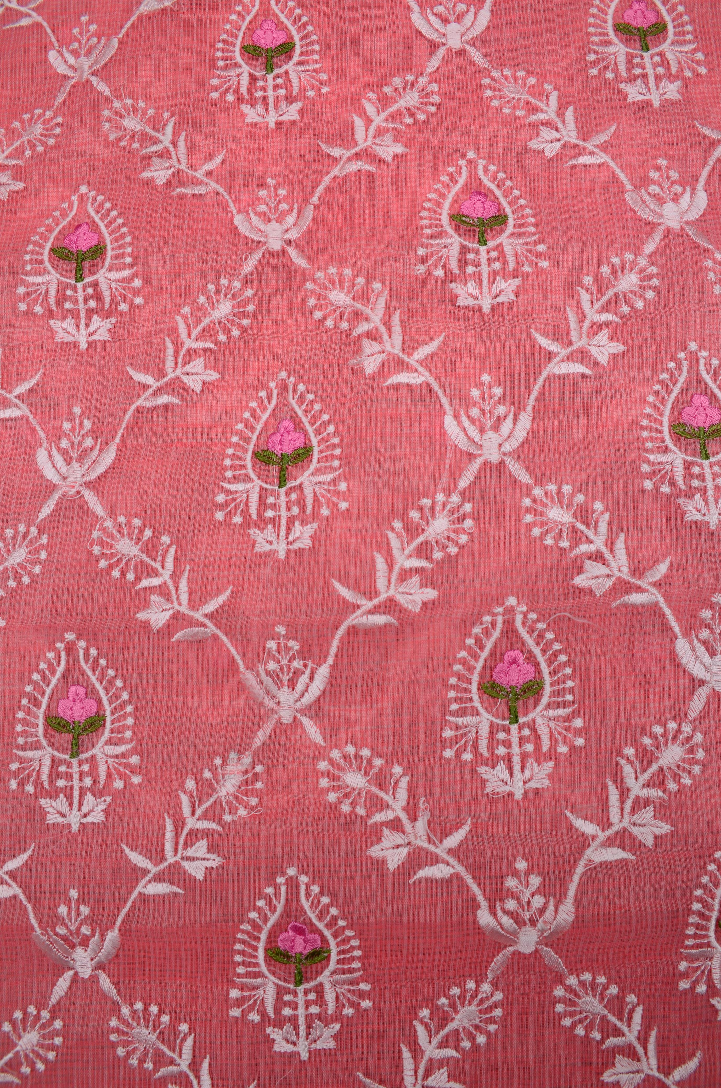Pink  Embroided Kota Doria Suit Fabric With Dupatta