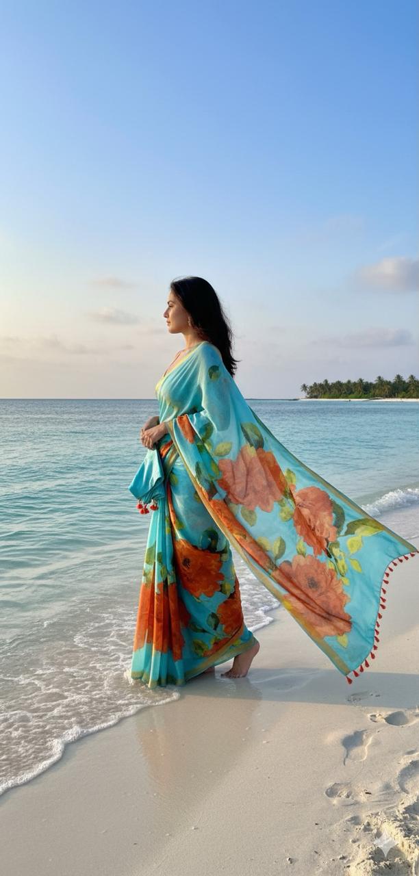 Mahika Blue Floral Pure Linen Saree
