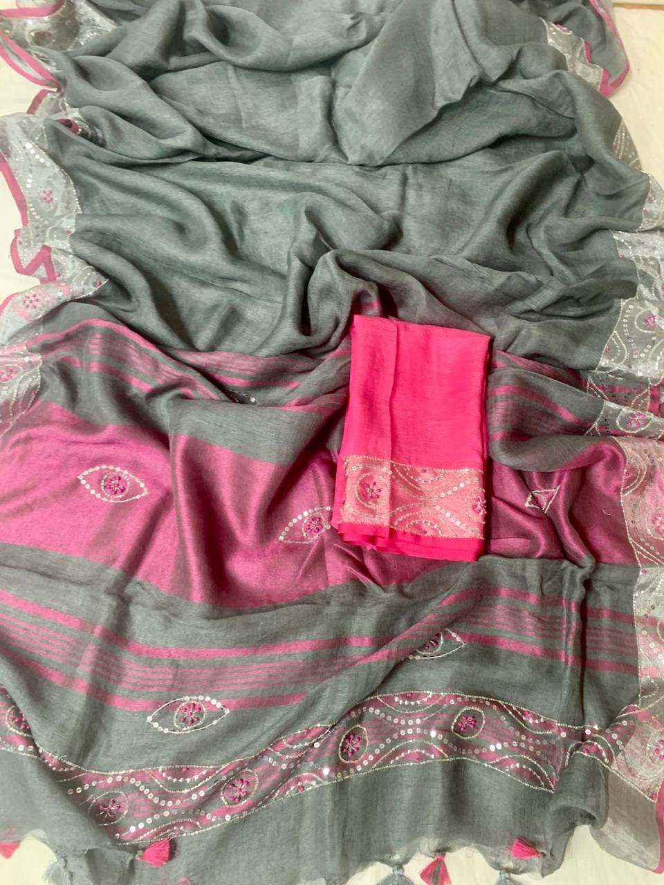 Grey Pure Linen Embroidery Saree