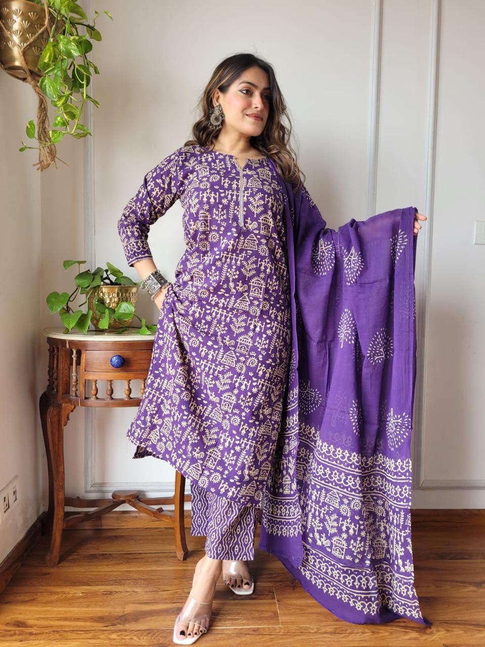 Purple Block Print Suit Set And Dupatta