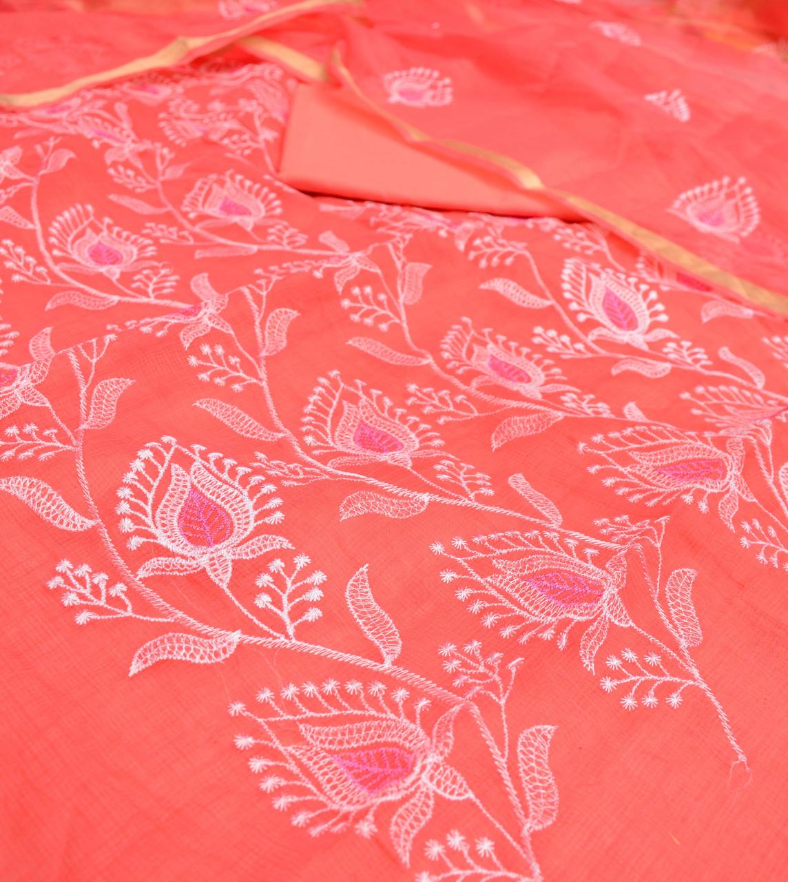 Kota Doriya Embroidery Work Suit In peach