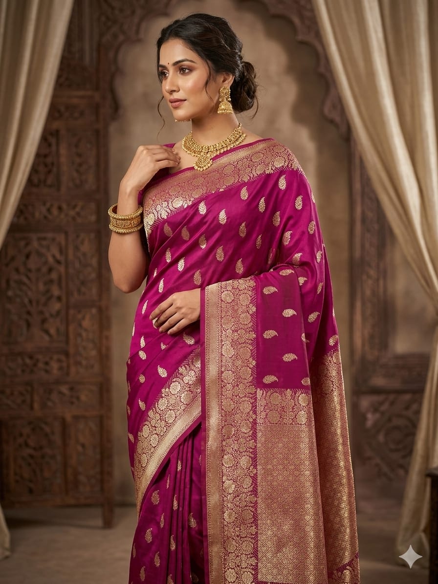 Banarasi Handloom Semi Kathan  Saree In Rani Pink