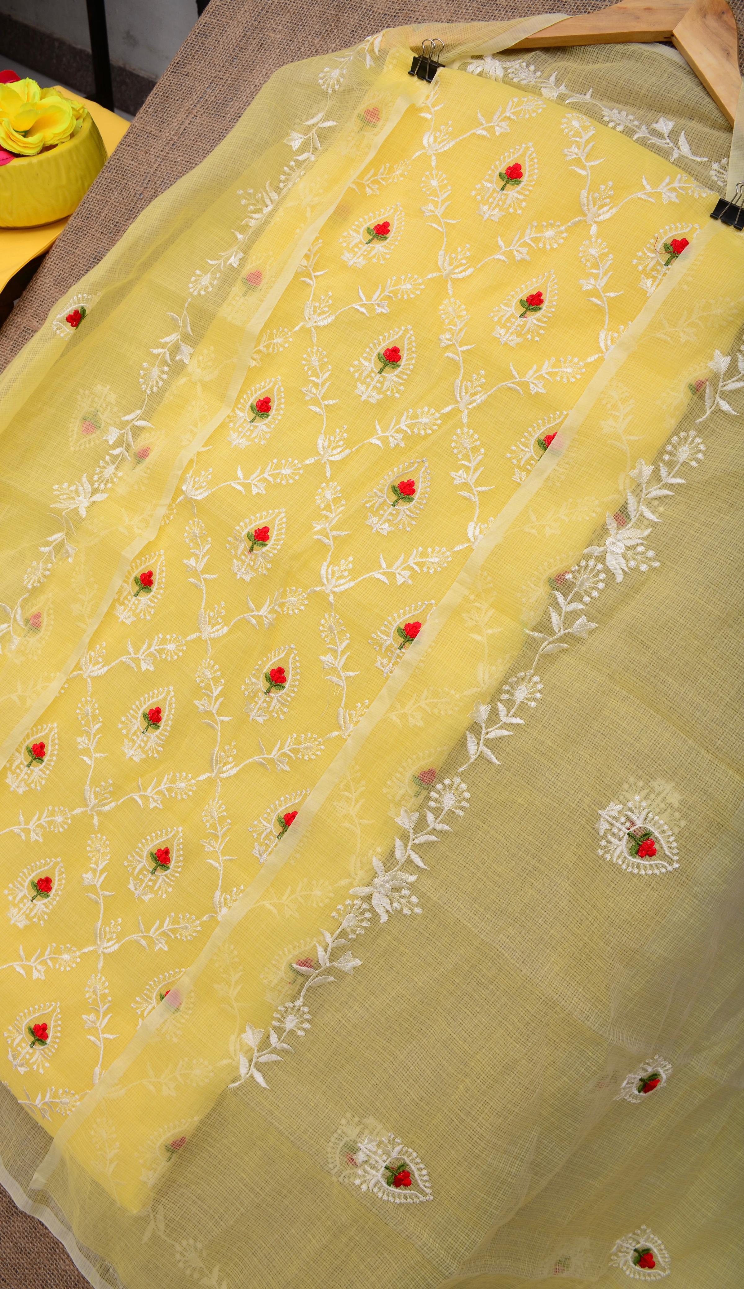 Yellow Embroided Kota Doria Suit Fabric With Dupatta