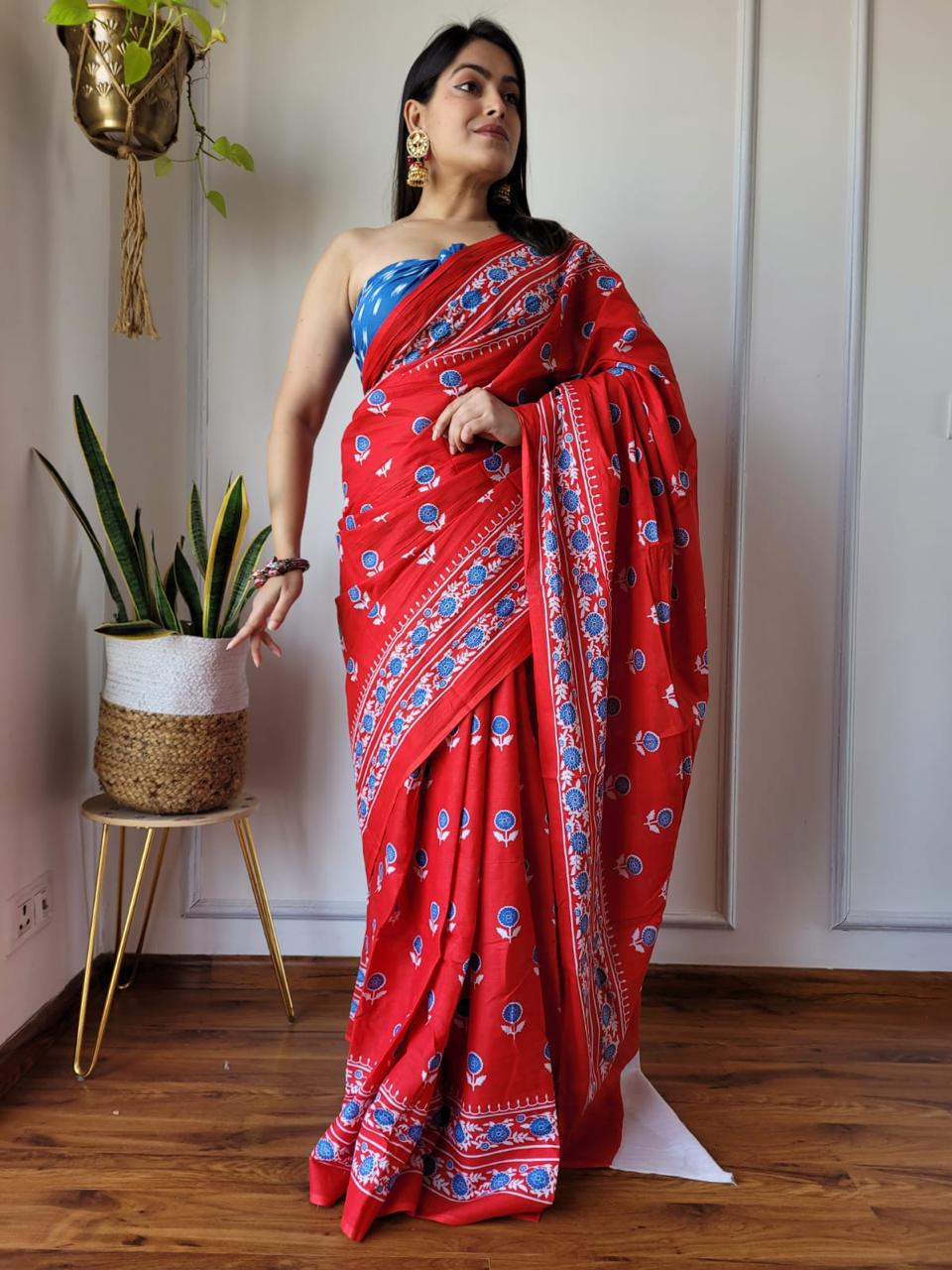 Red Spring Floral Hand Block Print MulMul Cotton Saree