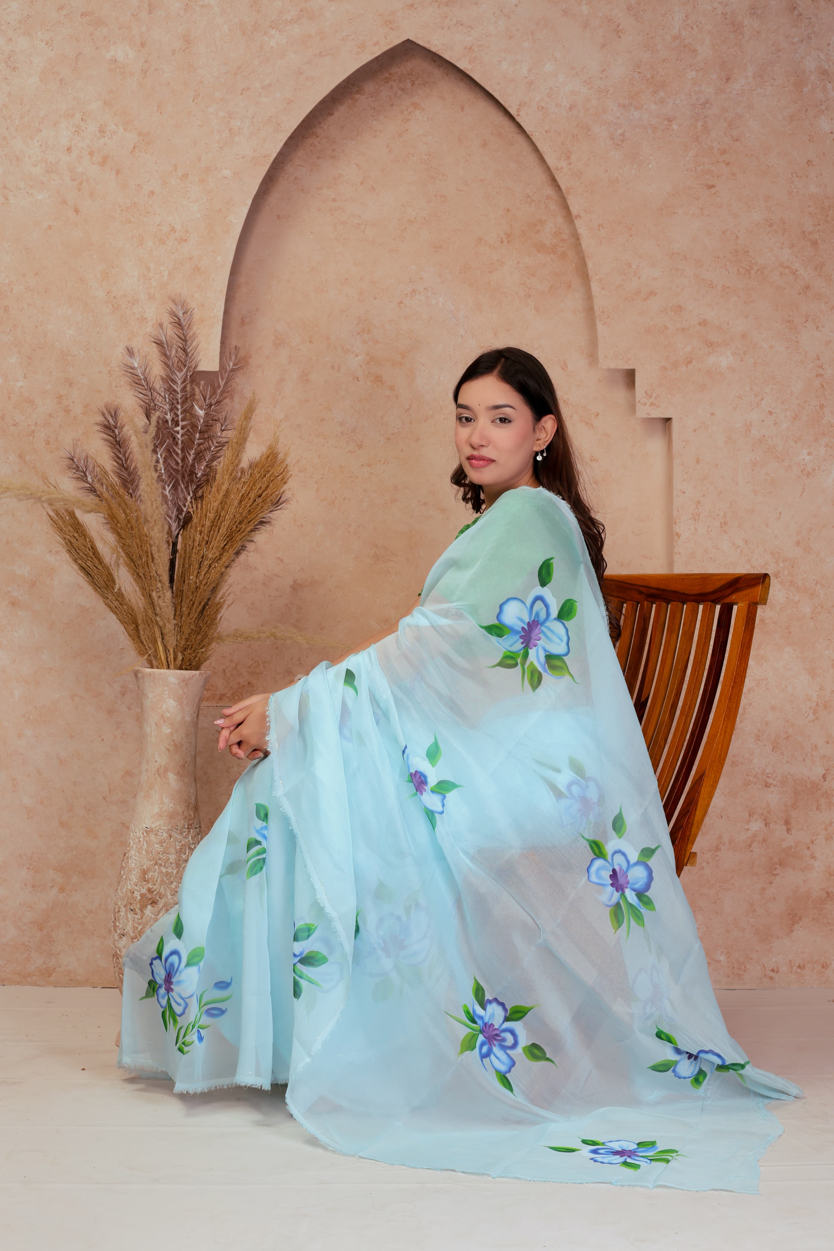 Organza Hand Painted Saree In Light Green