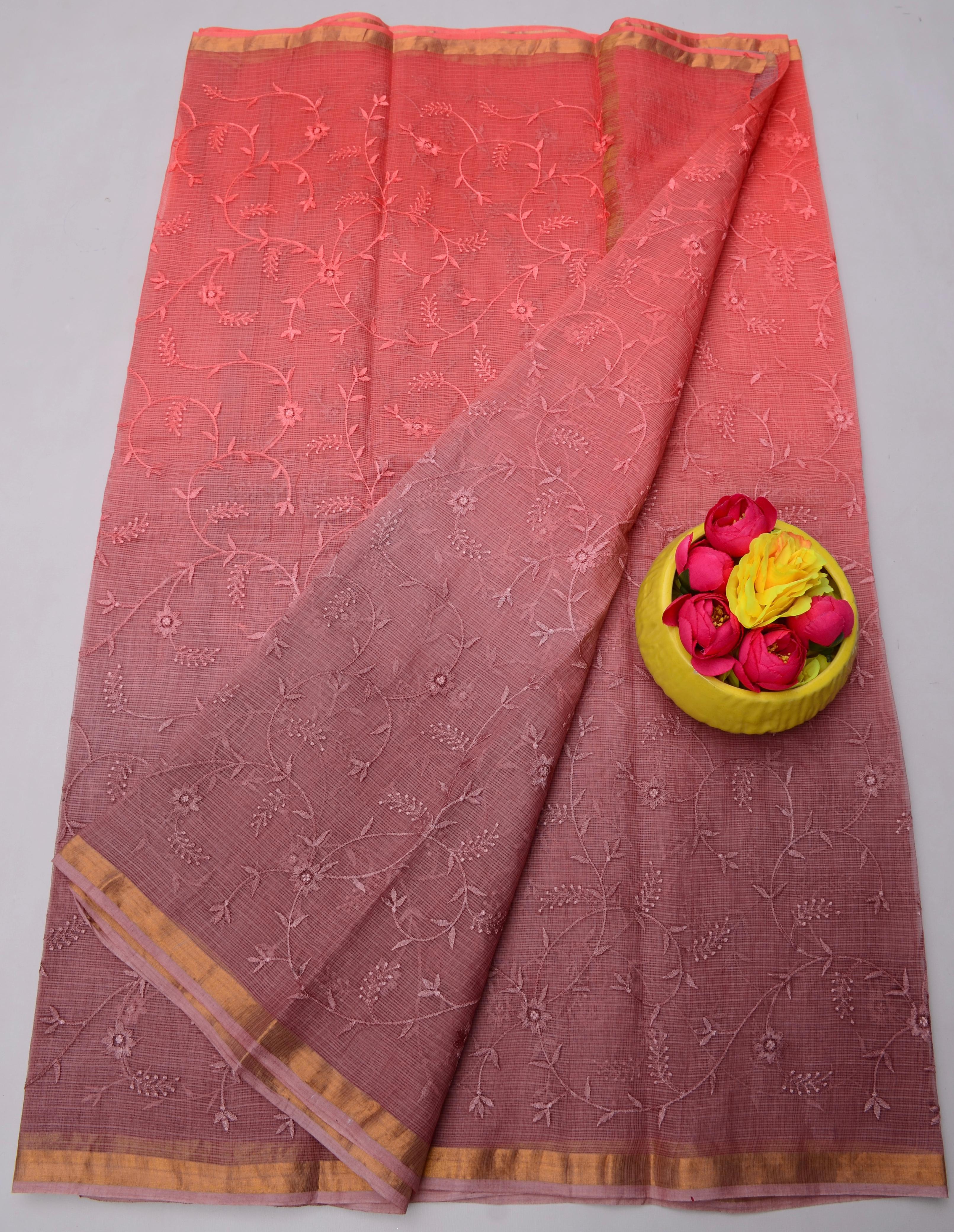 Mauve & Red Kota Doria All Over Embroidery Work Saree