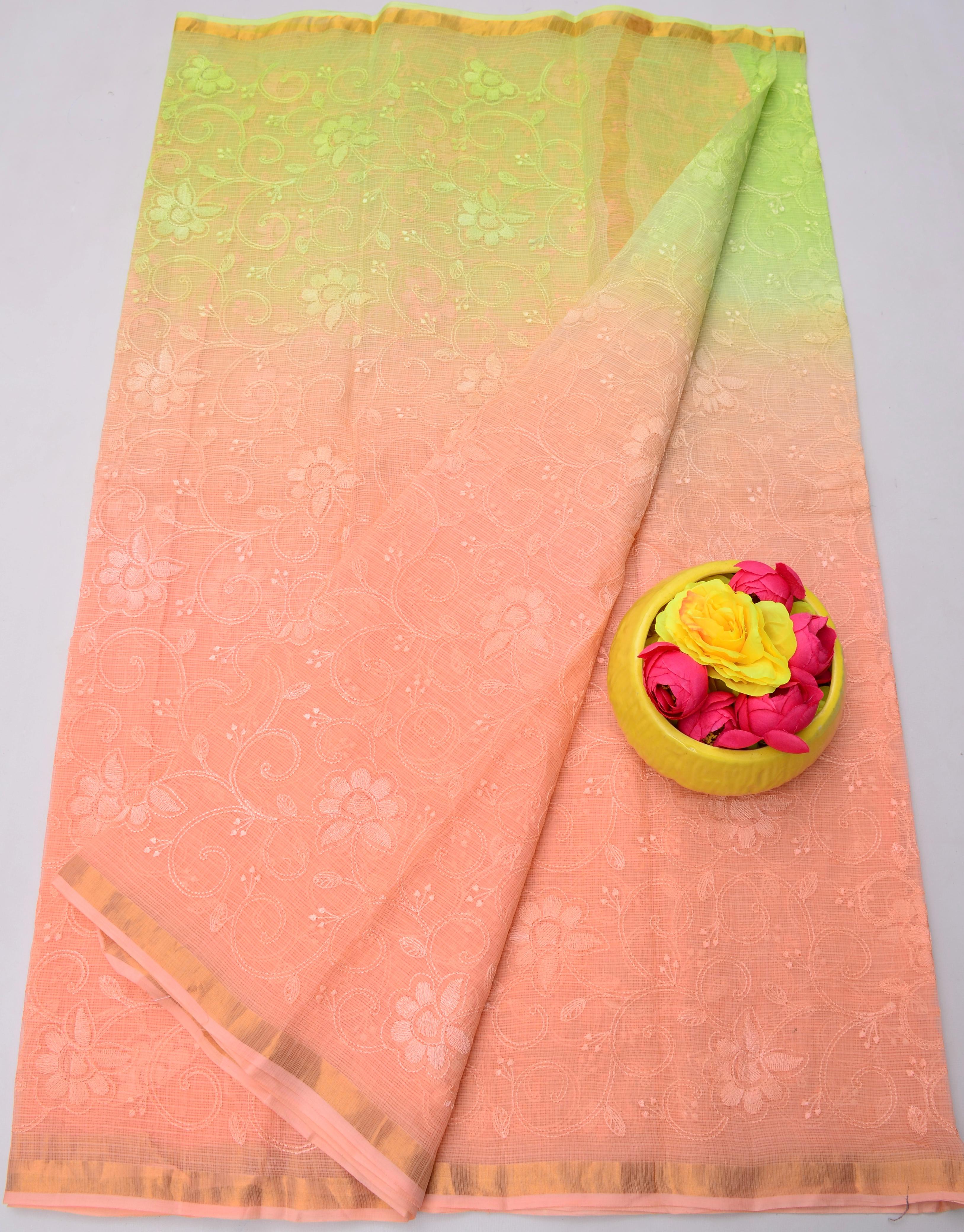 Peach & Green Kota Doria Embroidery Work Saree