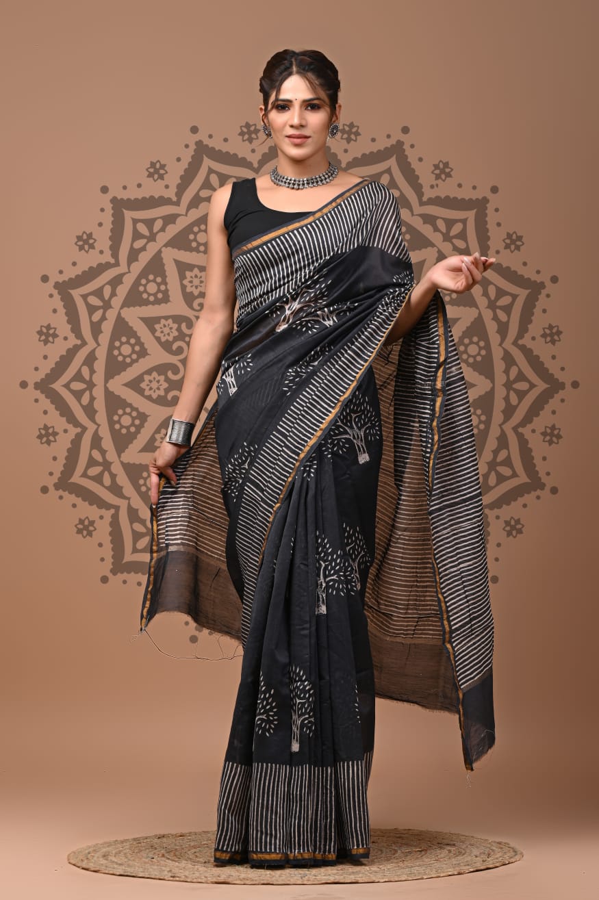 Black Chanderi Handblock Printed Saree