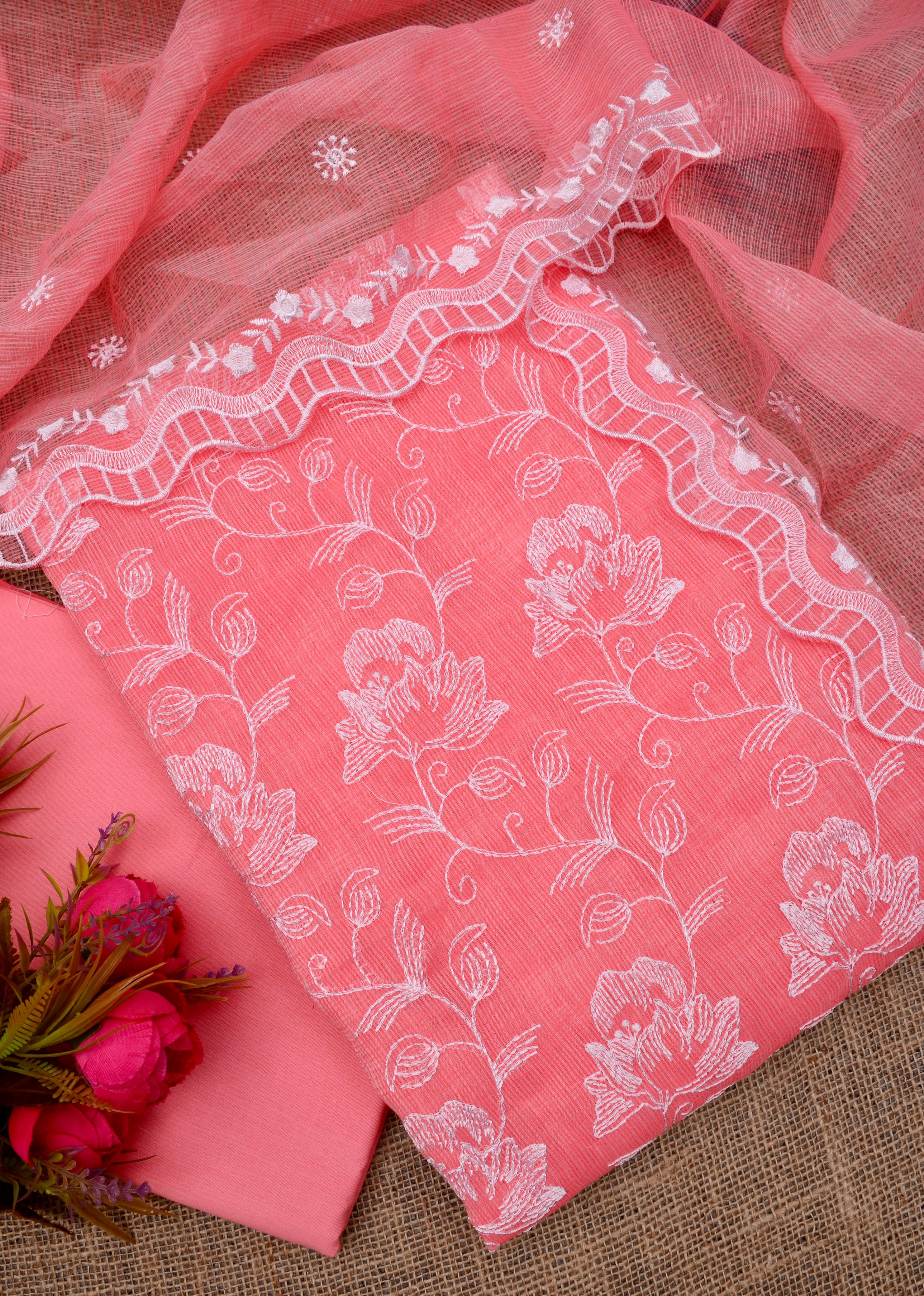 Kota Doriya Embroidery Work Suit In Peach