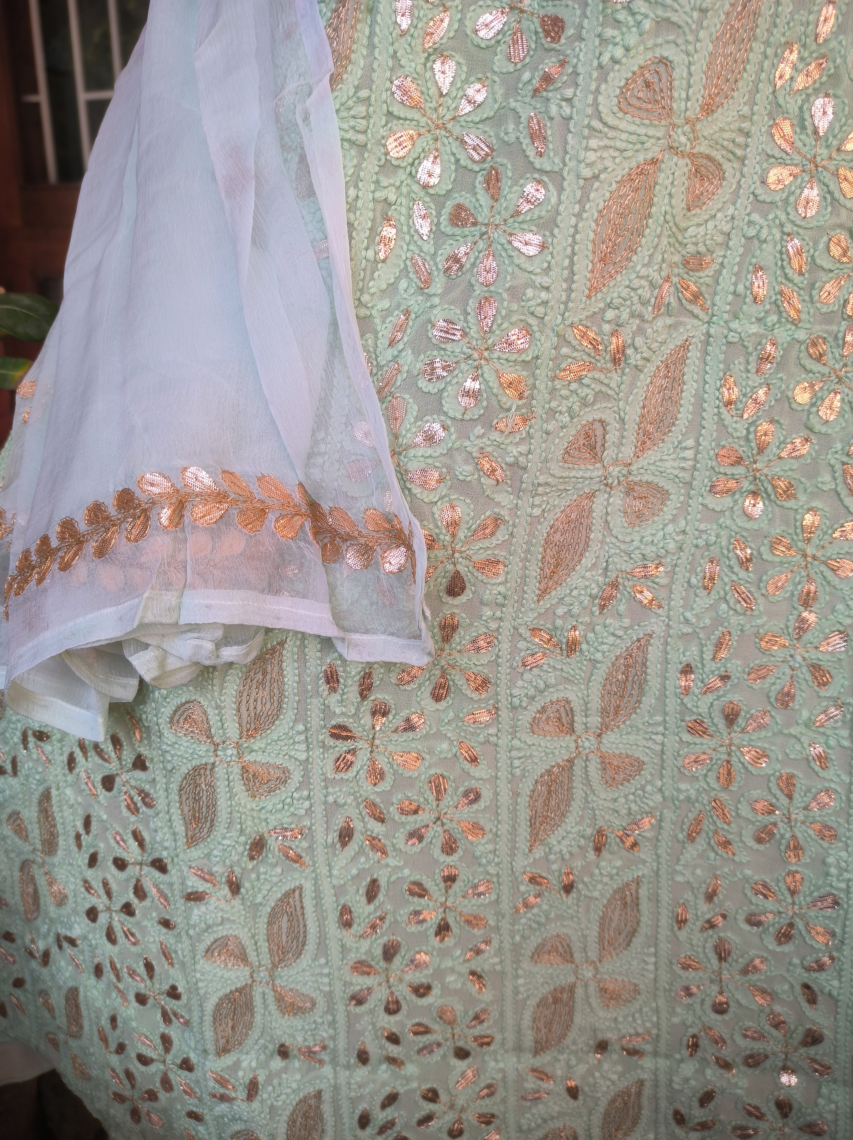 Sage Green Lucknowi Chikankari Gota Patti Salwar Suit(Dress Material)