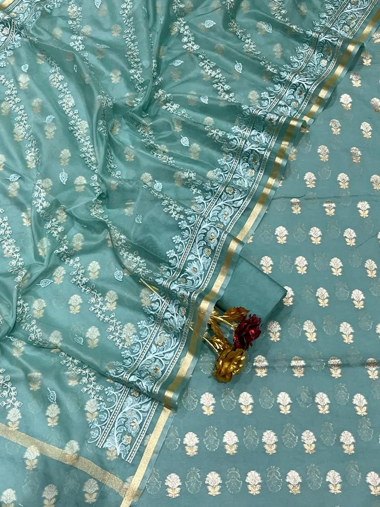 Sea Blue Banarasi Soft Silk Salwar Kameez with Dupatta (Unstitched)