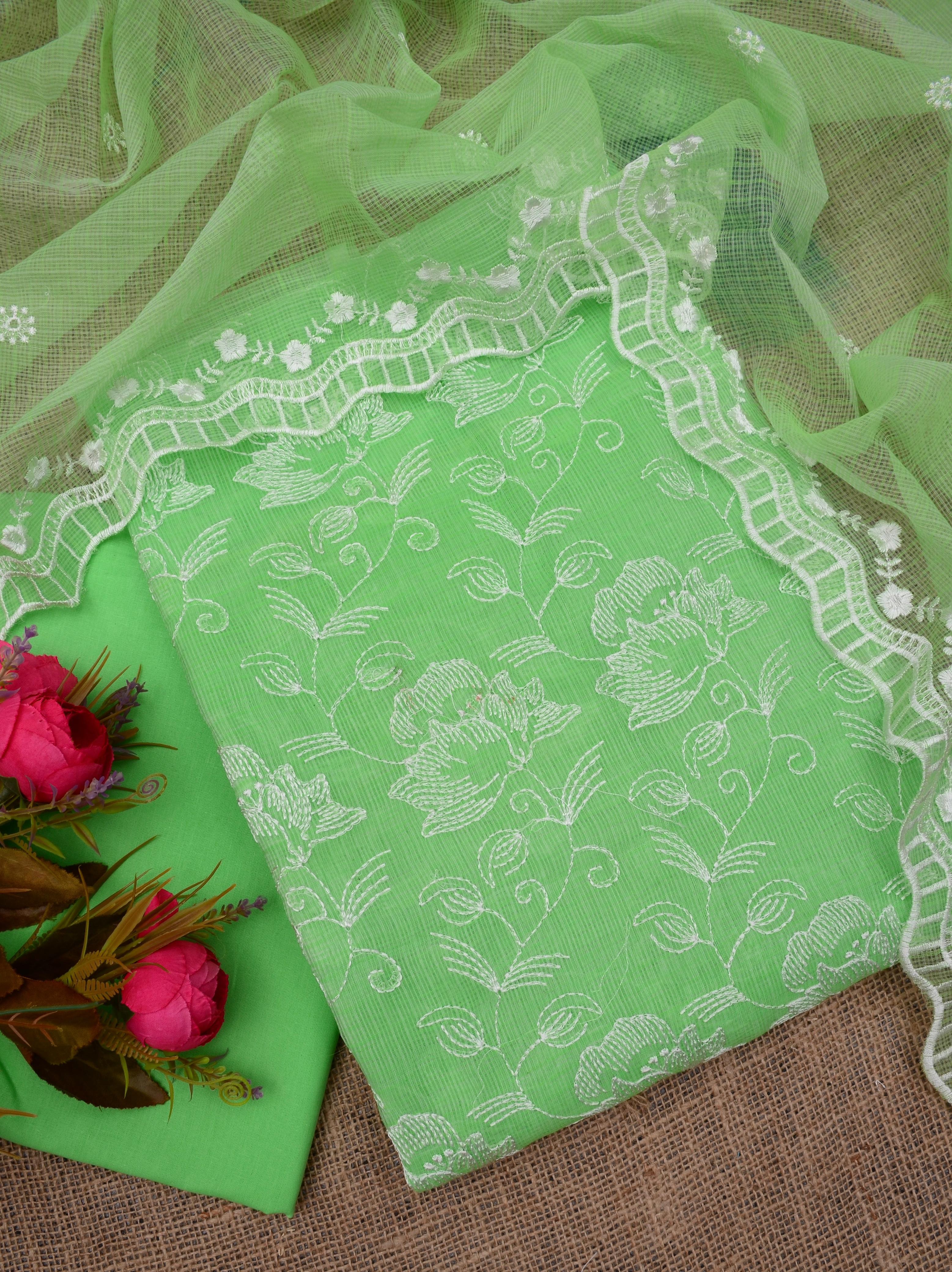 Kota Doriya Embroidery Work Suit In Green