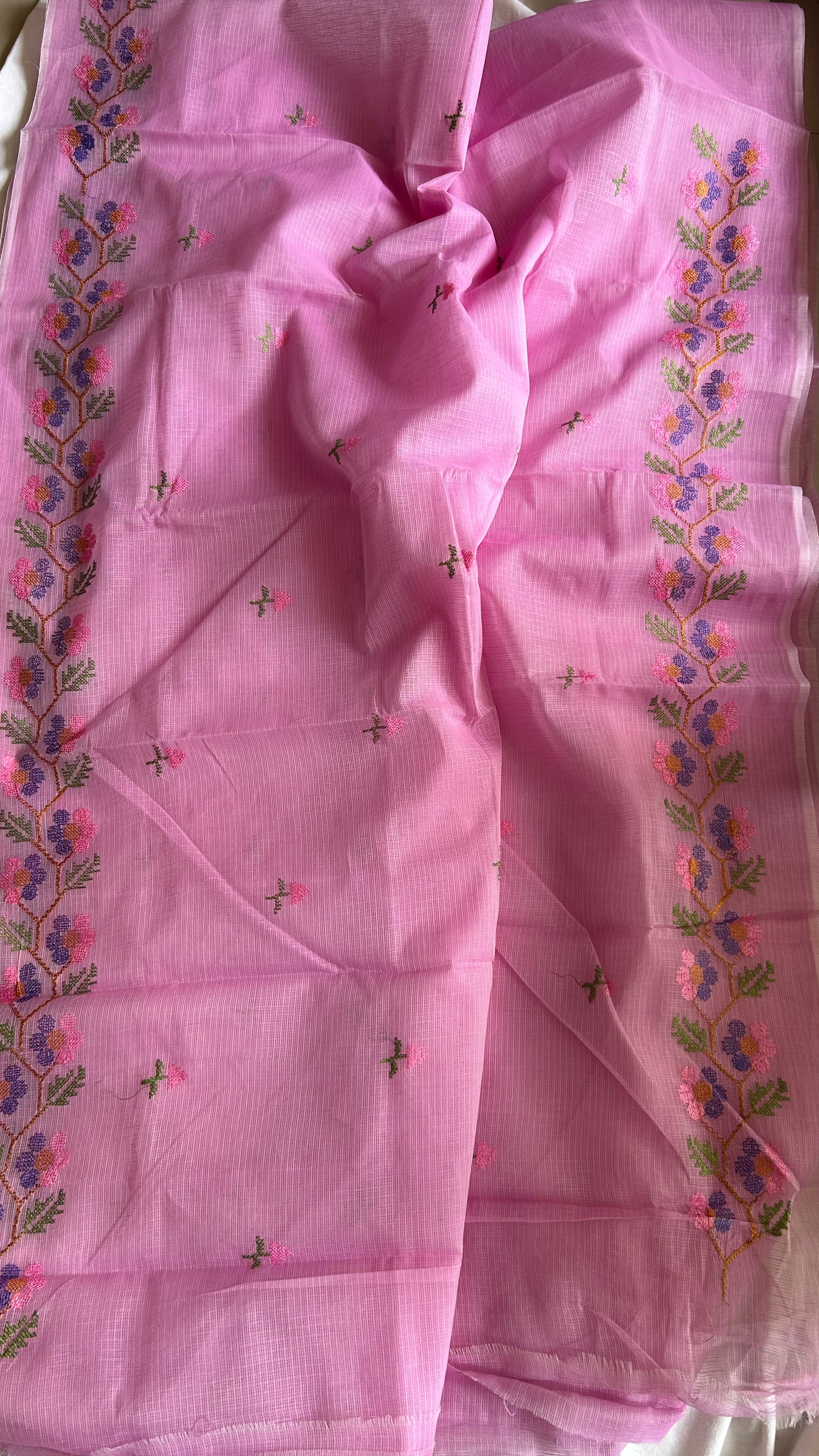 Cross Stitch Kota Doria Embroidery Work Saree In Pink