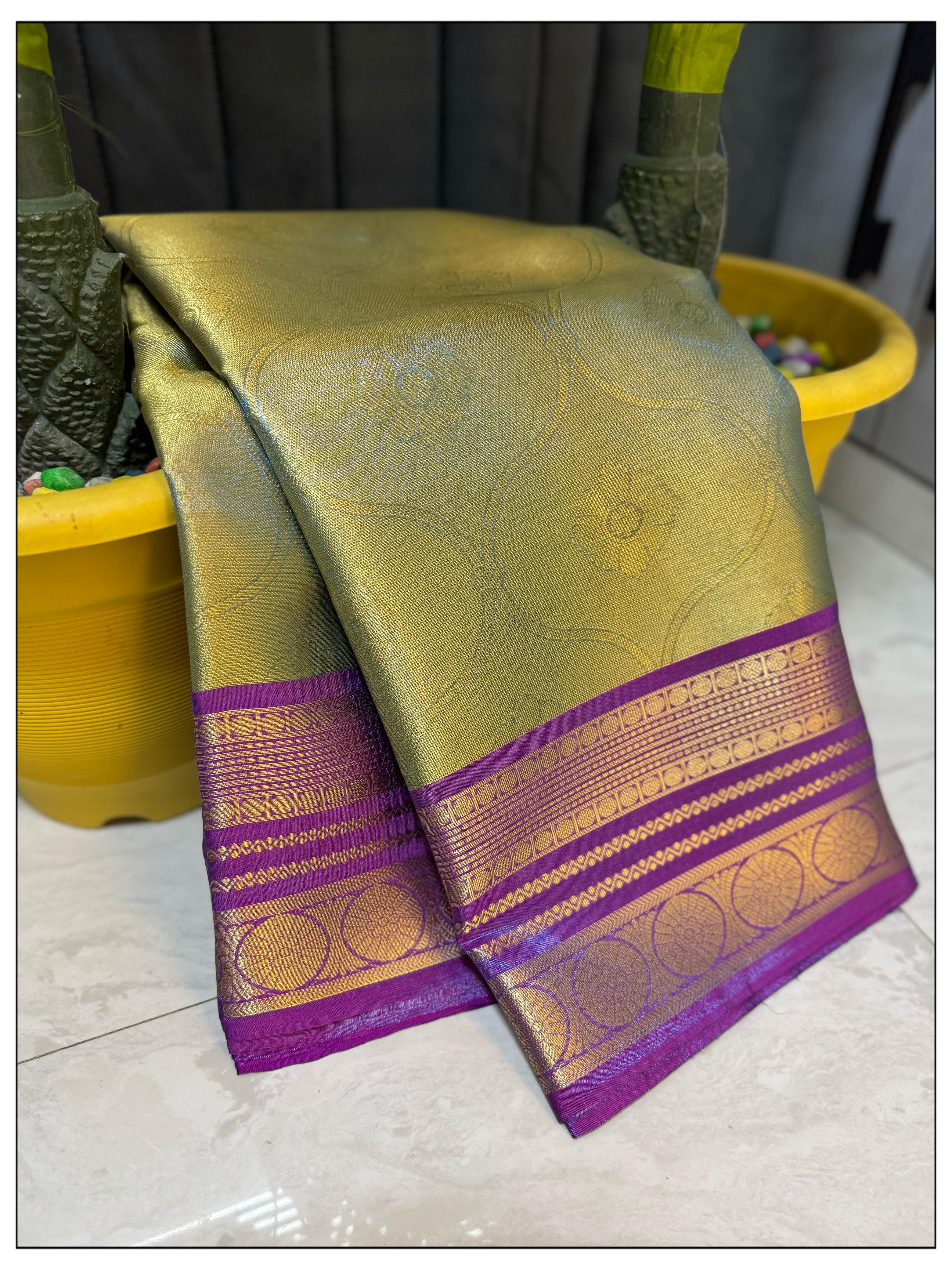 Golden With Pink Banarasi Soft Tissue Saree