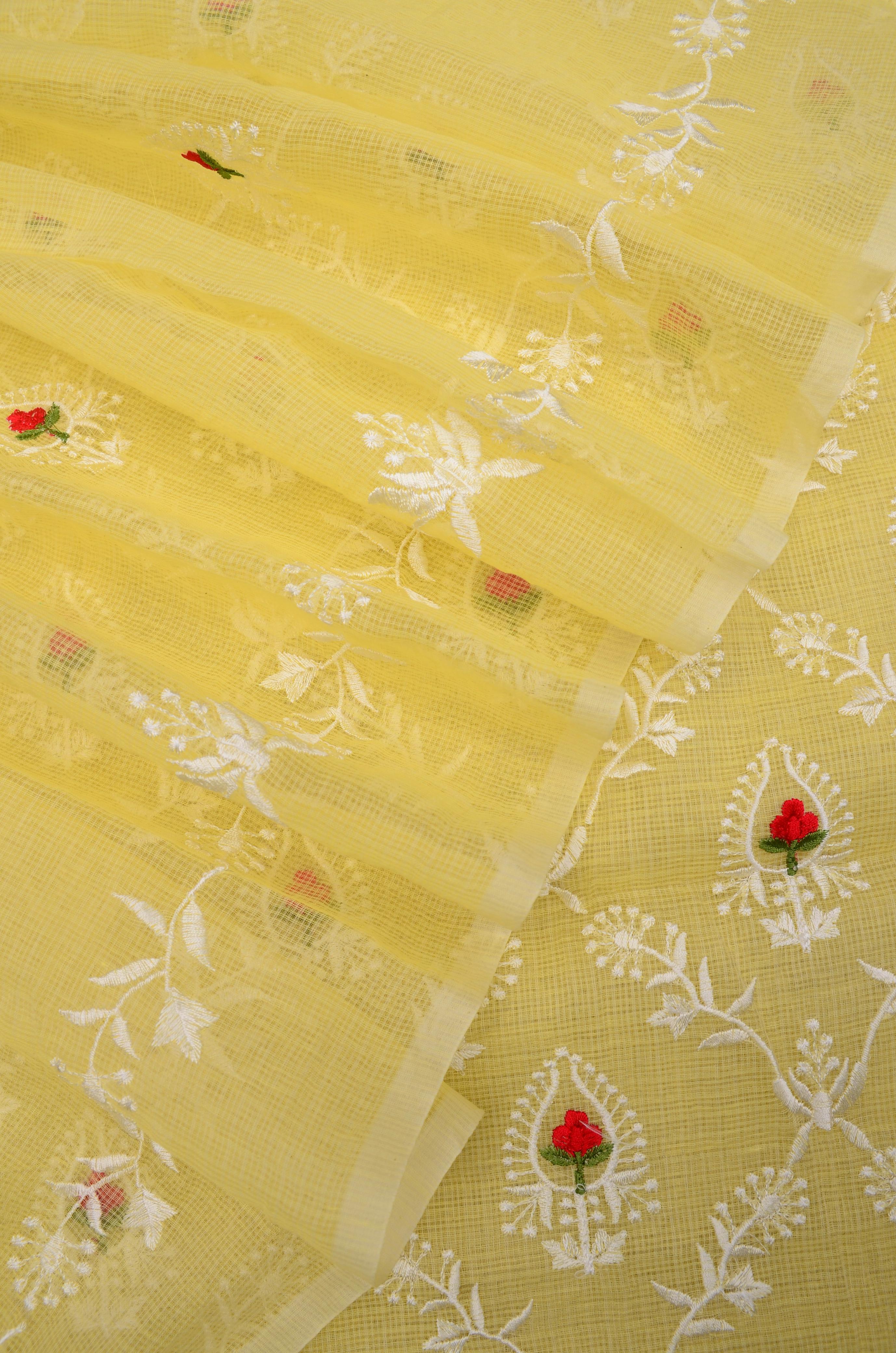 Yellow Embroided Kota Doria Suit Fabric With Dupatta