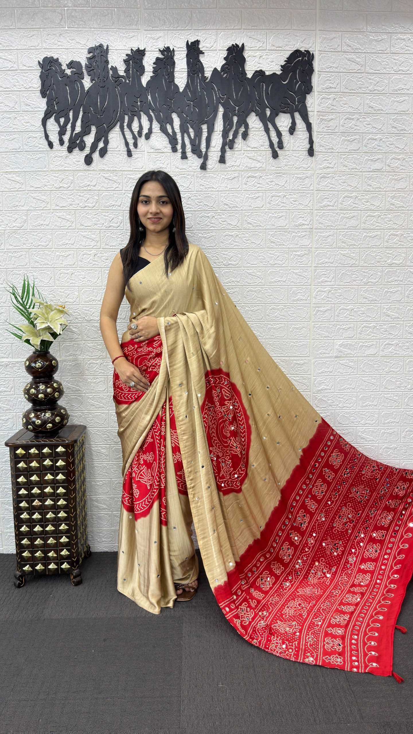 Golden Bandhani print Mirror Work Satin Silk Saree