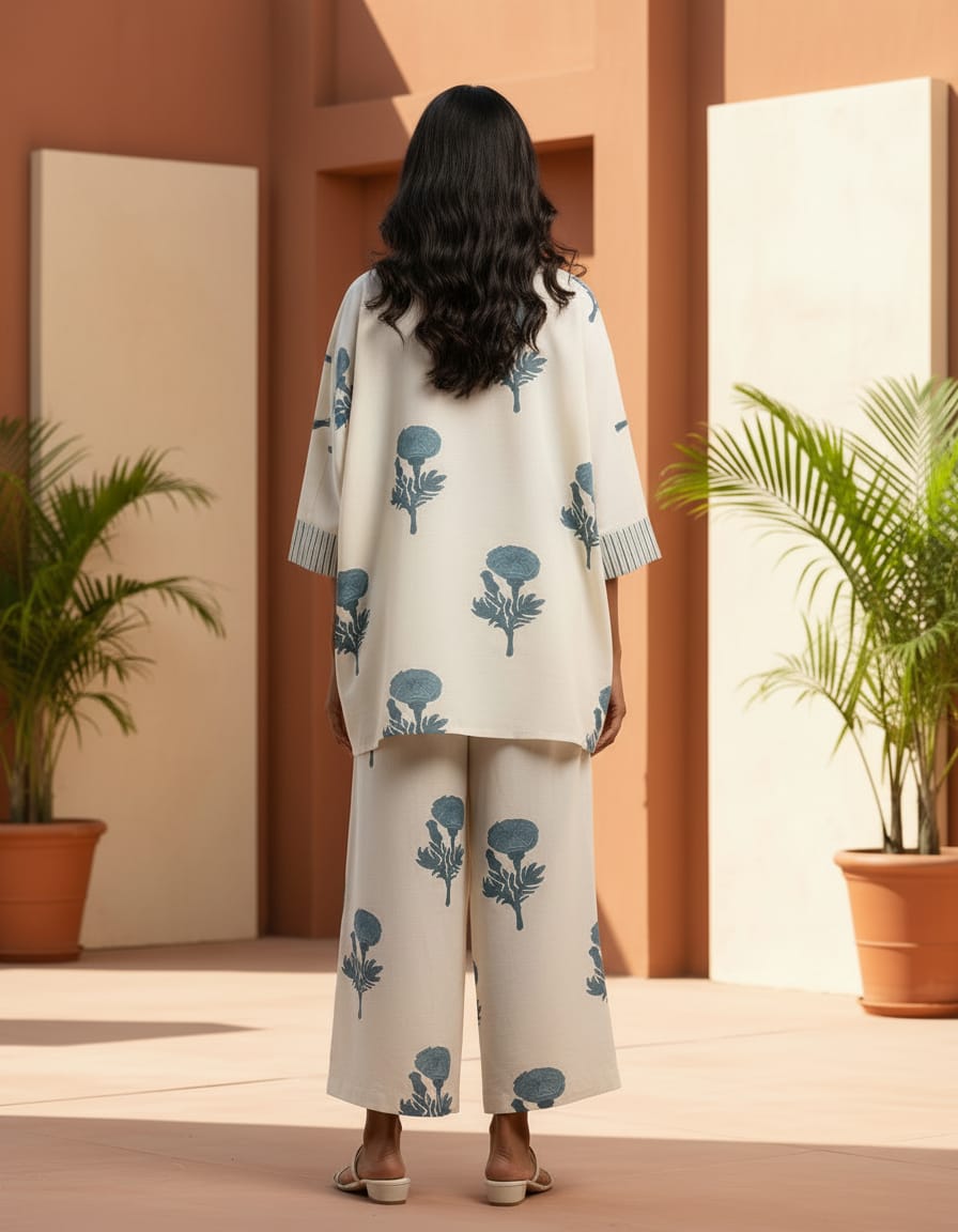 Summer Off White Printed Kurti-Pant Set