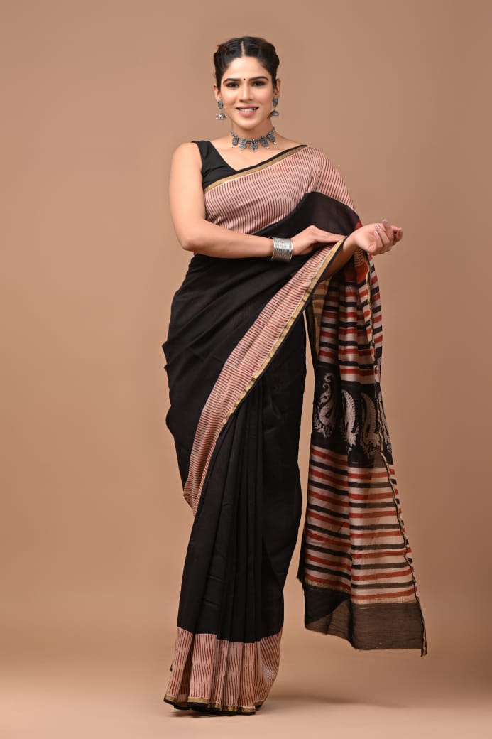 Black Chanderi Handblock Printed Saree