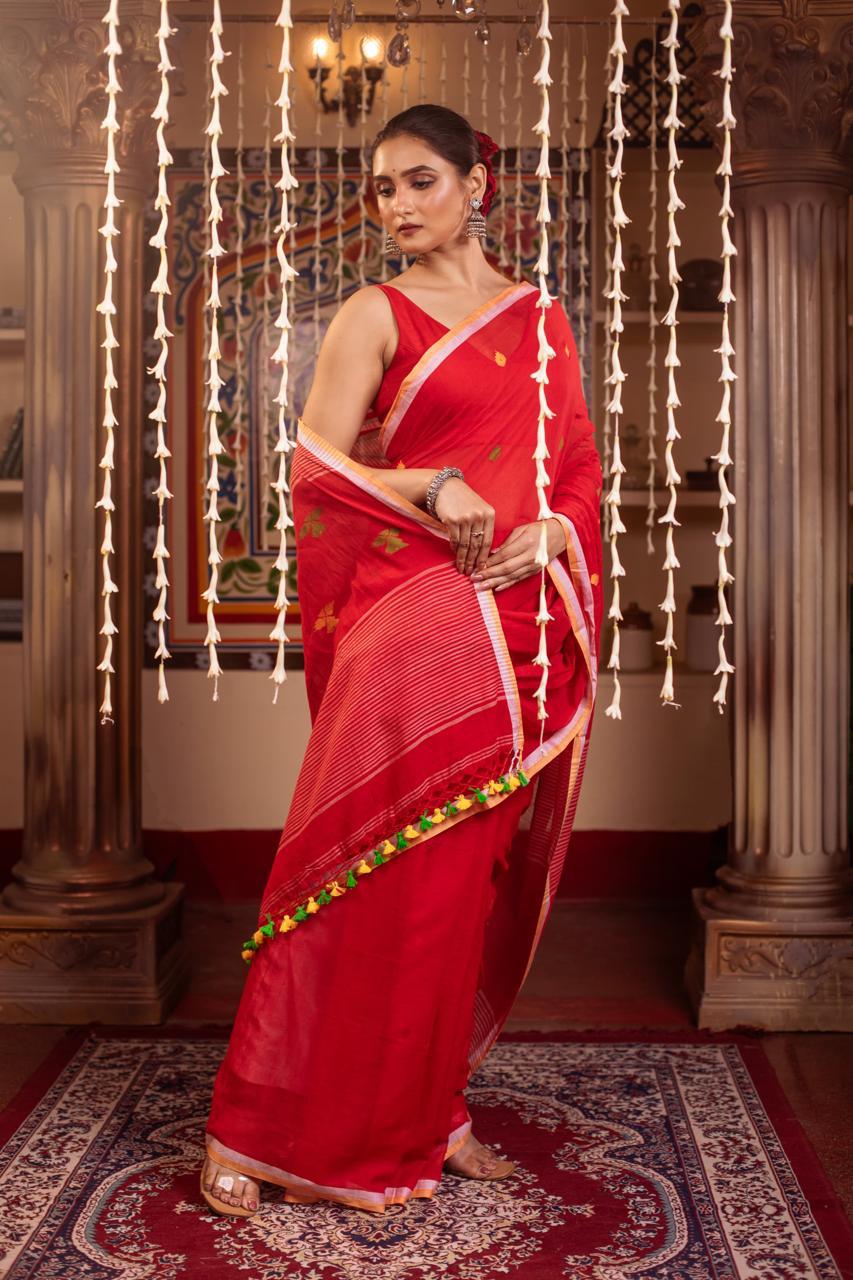 Red Premium Mulmul Cotton Hand Crafted Saree