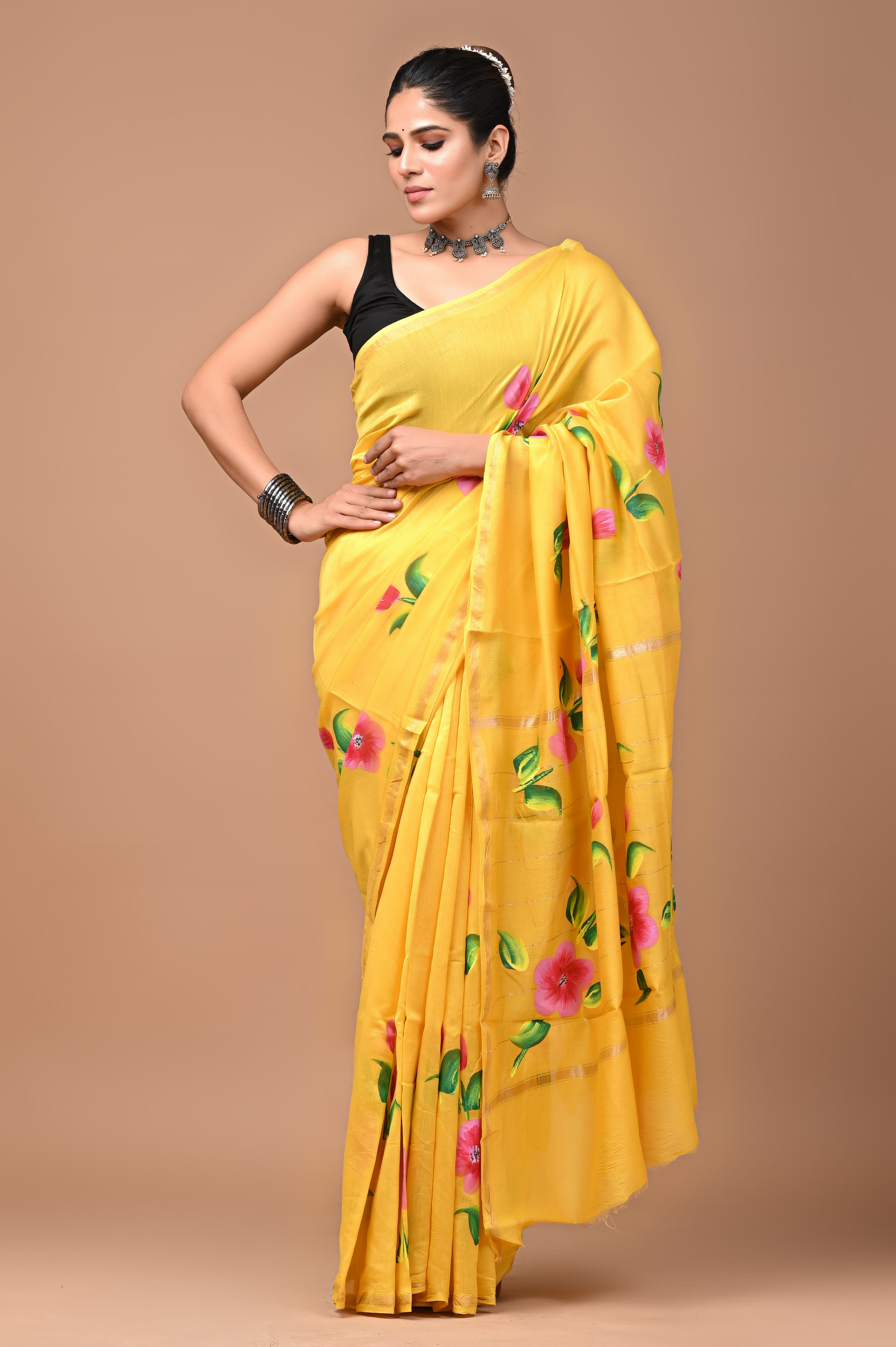 Yellow Maheshwari Bagru Print Saree