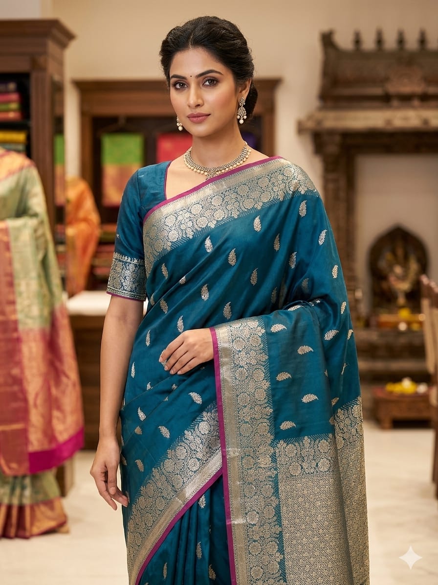 Banarasi Handloom Semi Kathan  Saree In Rama Green