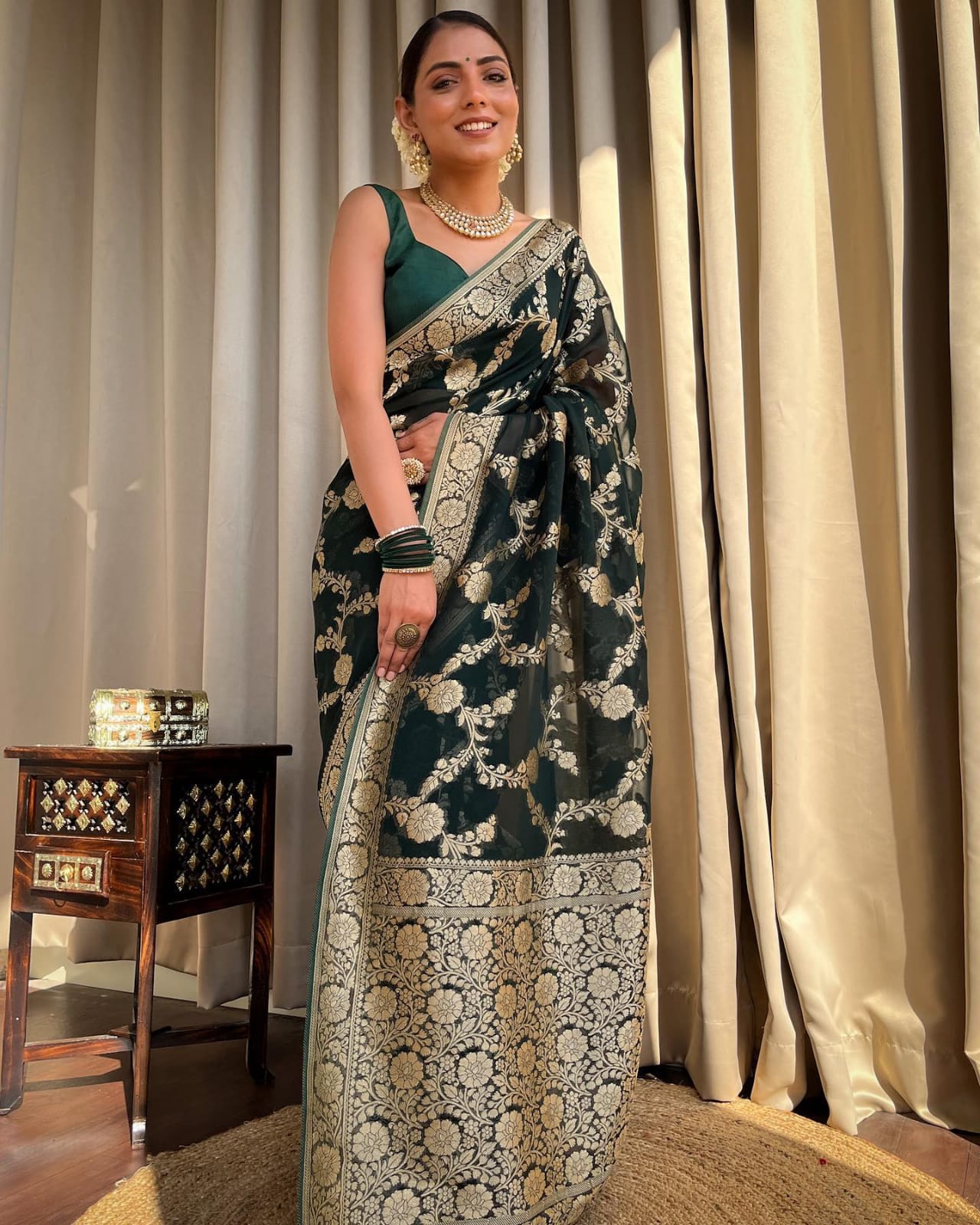 Dark Green Banarasee Semi Georgette Zari Work Saree