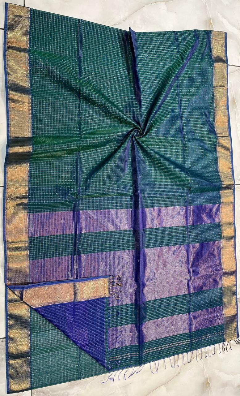 Maheshwari Silk Saree In Rama Green