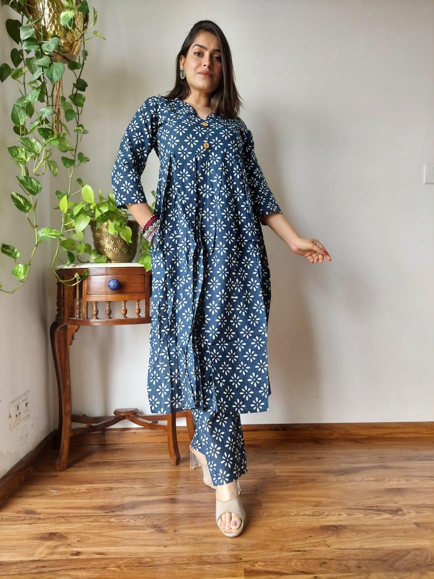 Navy Blue Floral Bagru Print Naira Cut Office Suit Set