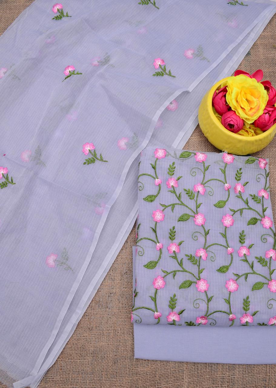 Kota Doria Embroidered Suit Set In Lavender