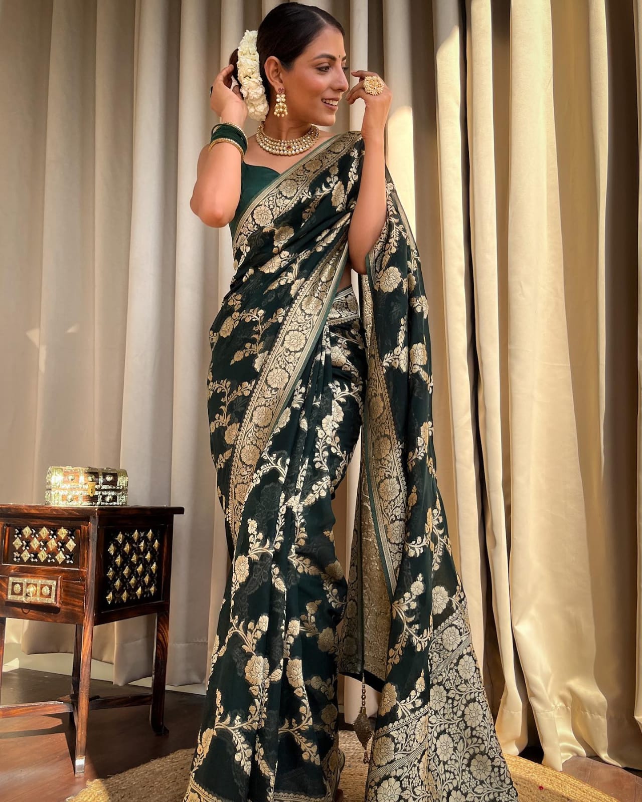 Dark Green Banarasee Semi Georgette Zari Work Saree