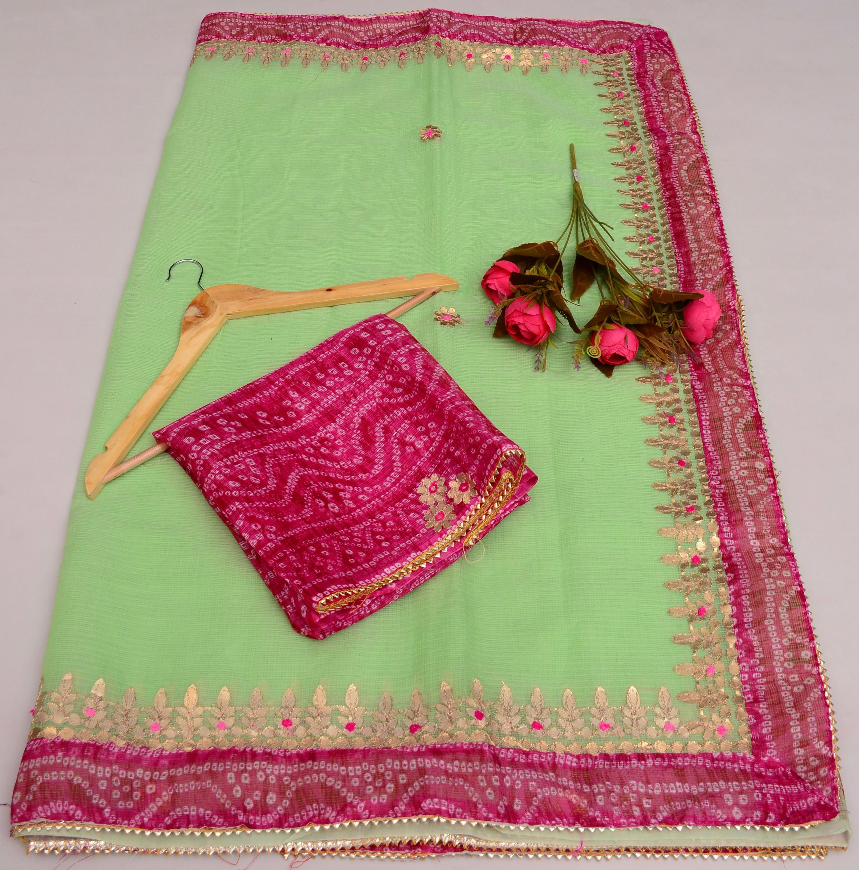 Pista Green Kota Doria Gota Patti Saree