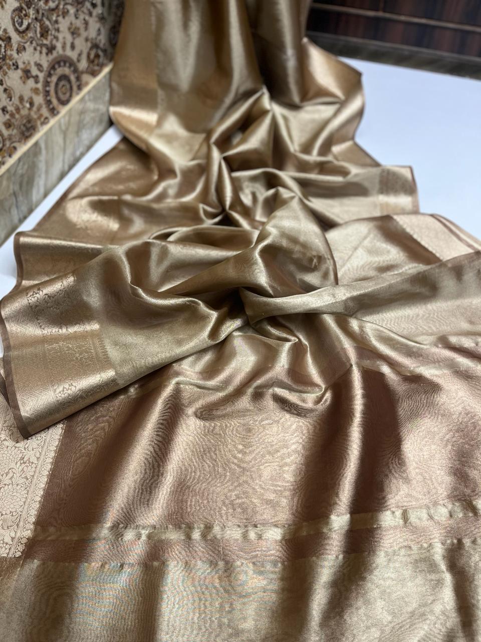Shimmer Gold Zari Woven Banarasi Soft Tissue Saree 2024