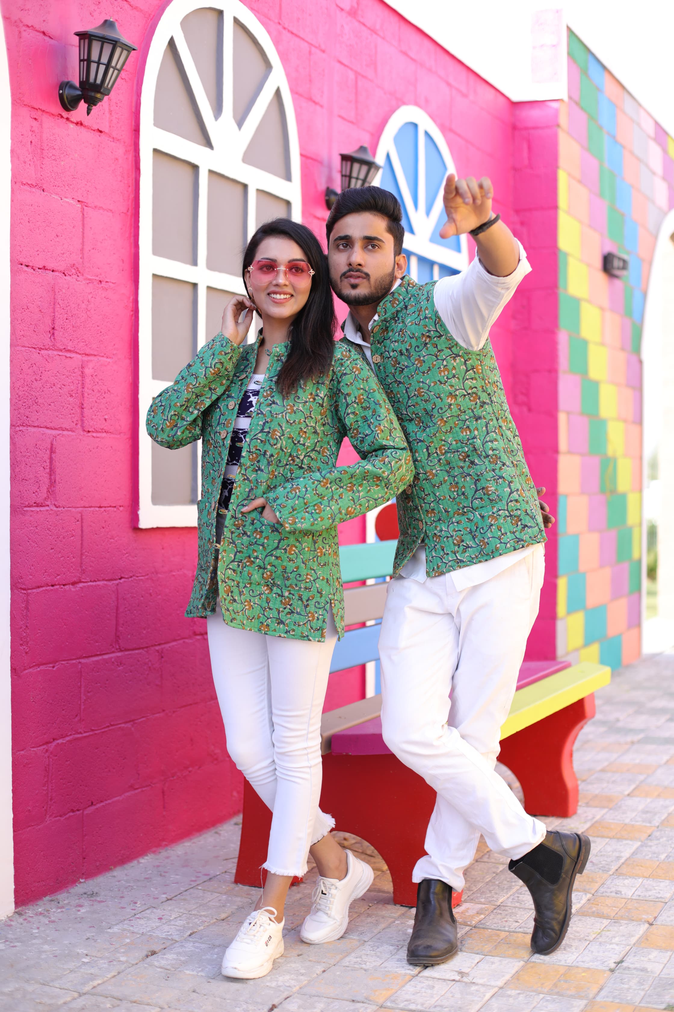 Green Color Twinning Couple Pure Cotton Bagru Print Quilted Reversible Jackets