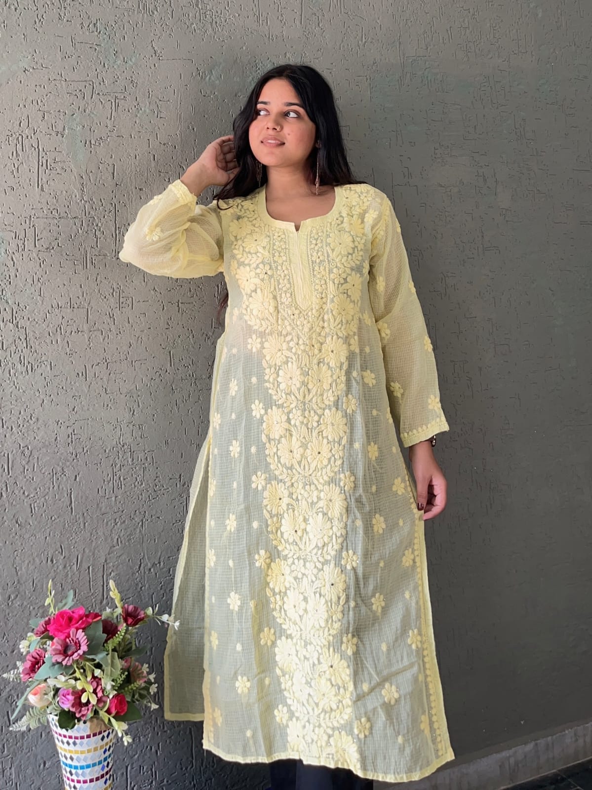 Yellow Chikankari Embroidery work Kota doria kurti (only kurti)