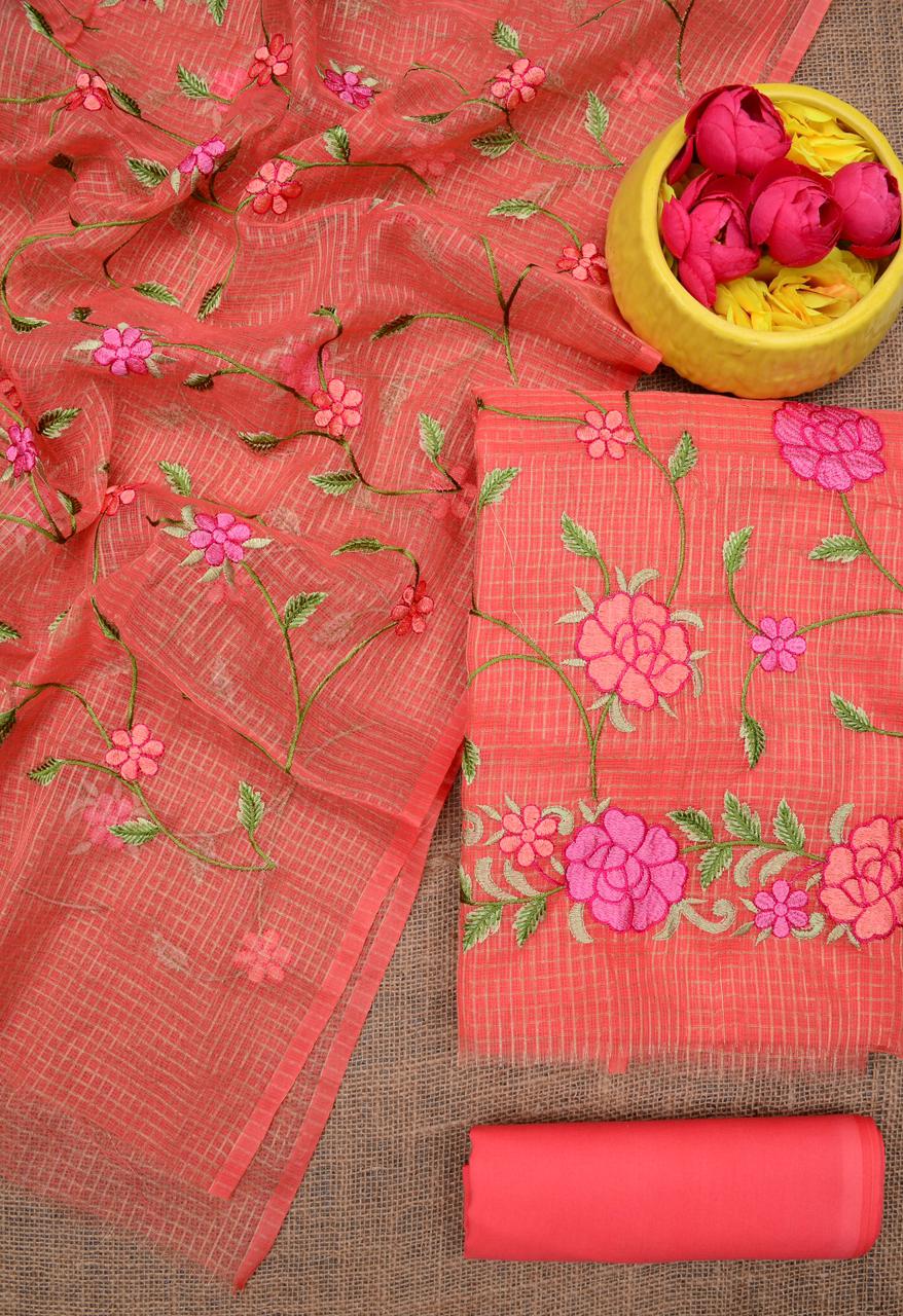 Kota Doria Embroidered Suit Set In Peach ch (unstitched)