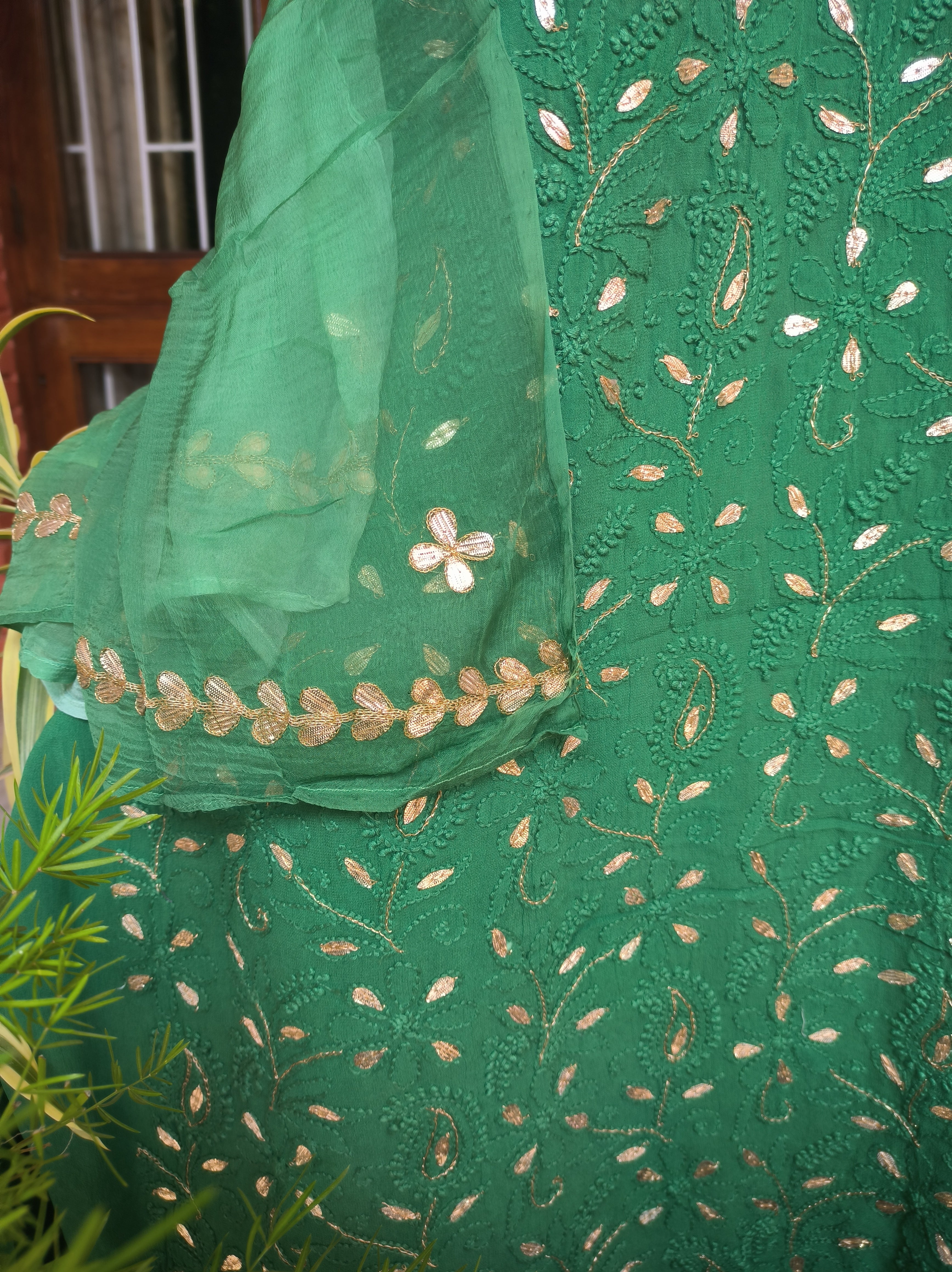 Rama Green Lucknowi Chikankari Gota Patti Salwar Suit(Dress Material)