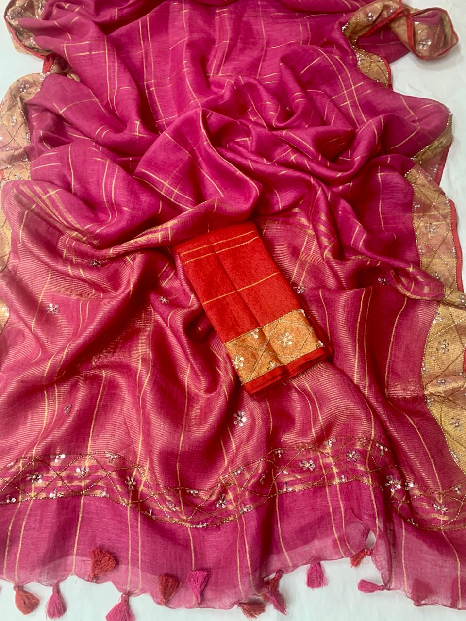 Rani Pink Pure Linen Embroidery Saree