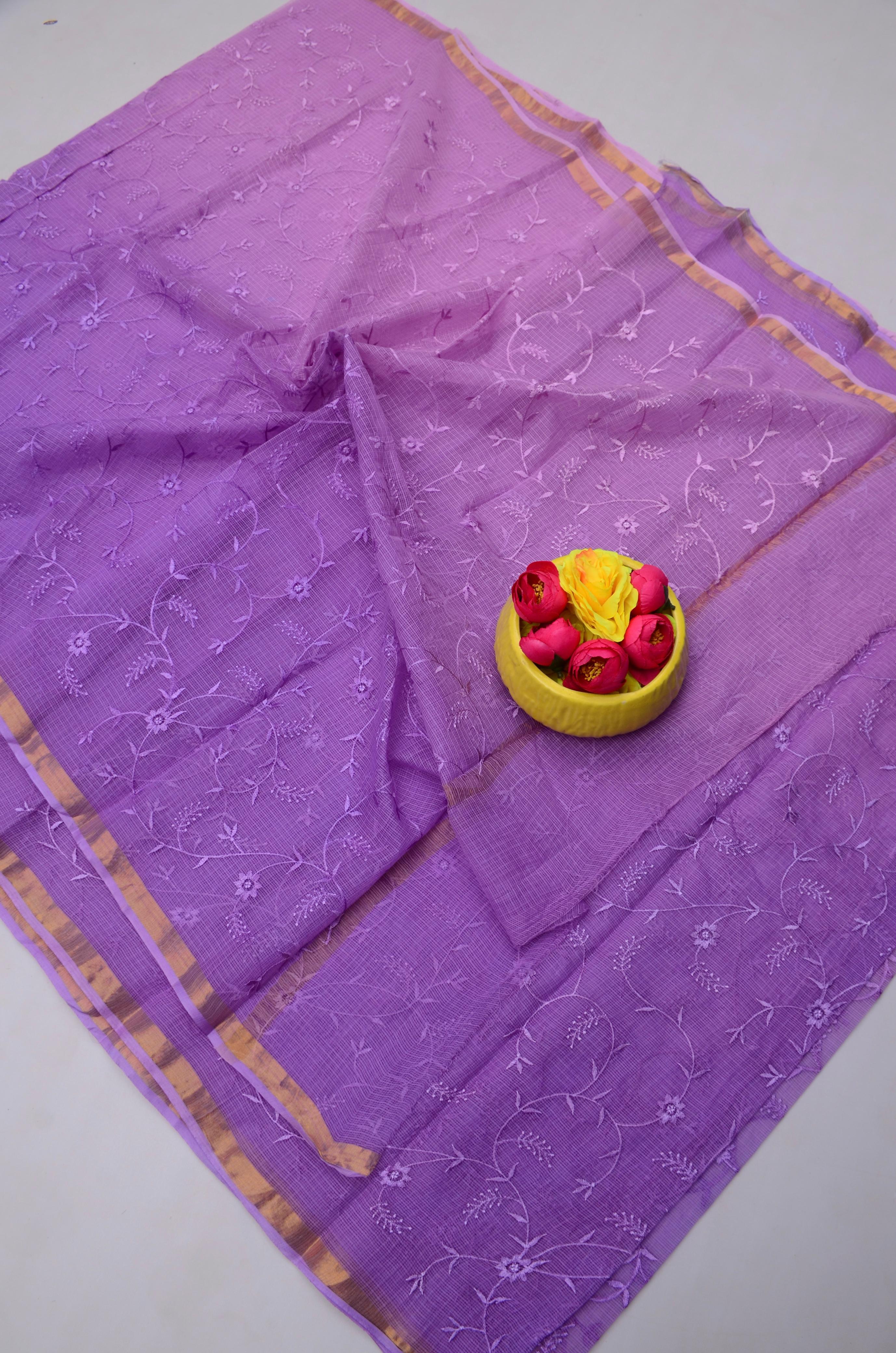 Purple Kota Doria All Over Embroidery Work Saree