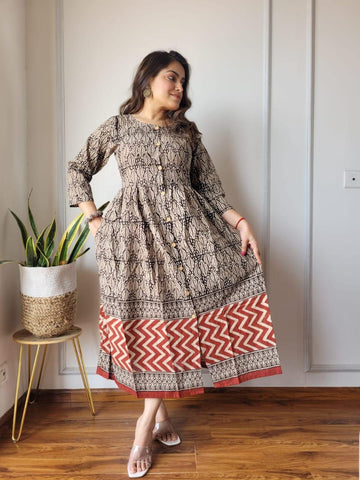 Pink Bagru Print Long Cotton Dress| Cotton Dresses| Jhakhas Pink Bagru Print Long Cotton Dress| Cotton Dresses| Jhakhas